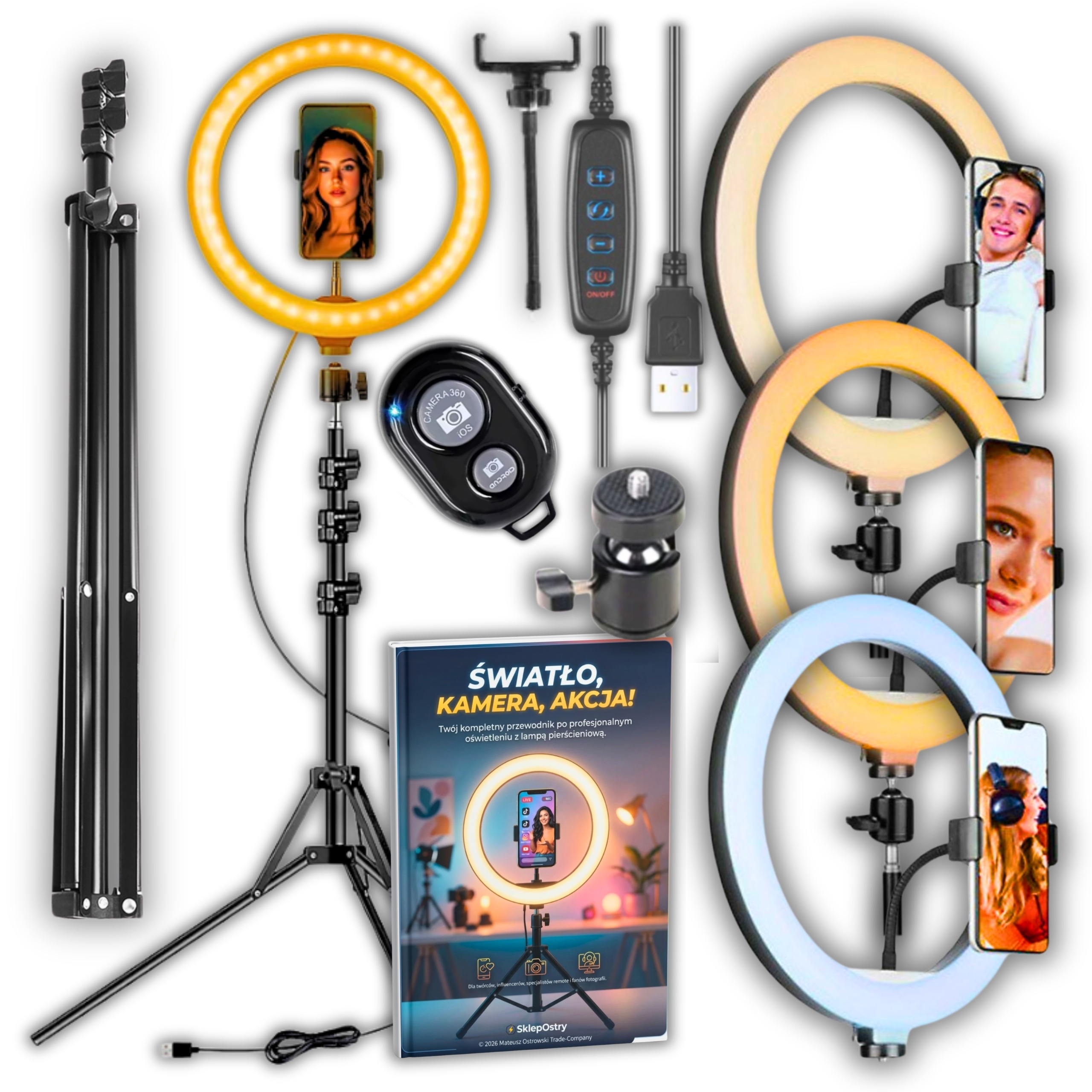 LAMPA PIERŚCIENIOWA UCHWYT TELEFON SELFIE MAKEUP + 3 inne produkty
