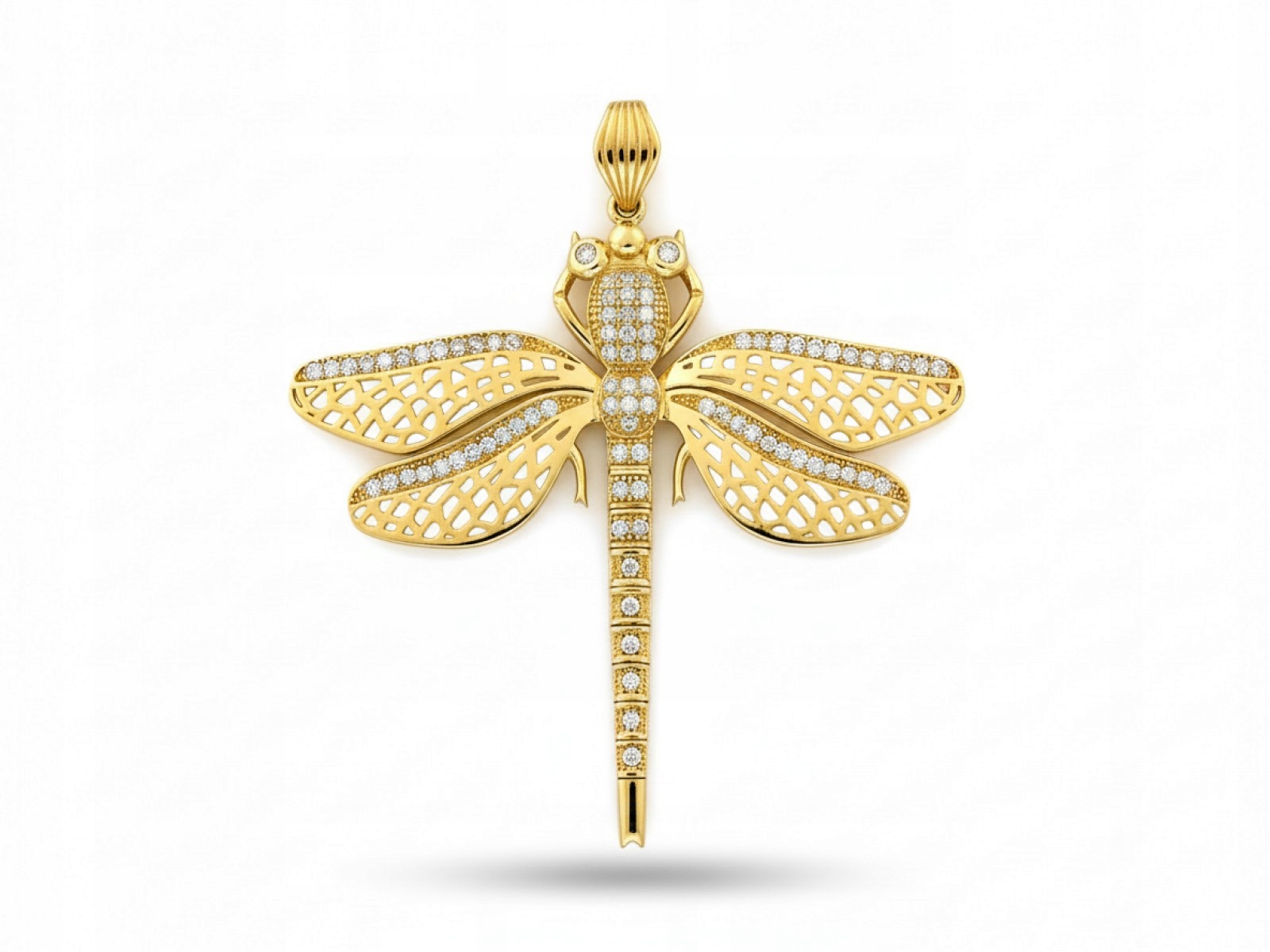 Zlatý přívěsek 585 velký Vážka s bílými zirkony 14kt jako dárek 4.22g