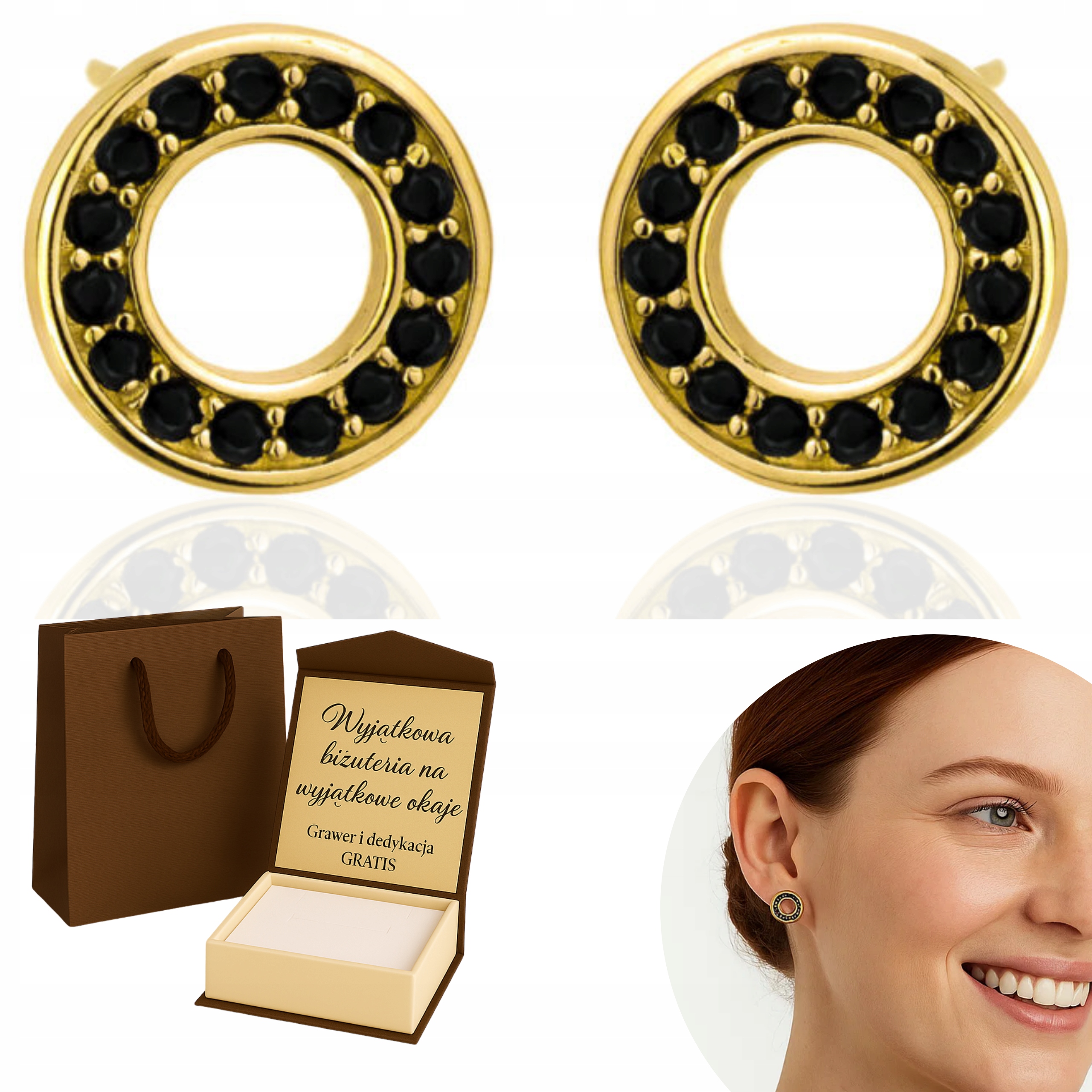 Zlaté Náušnice Dámské Kulaté S Černými Zirkony PR.585/ 925 Gravírování