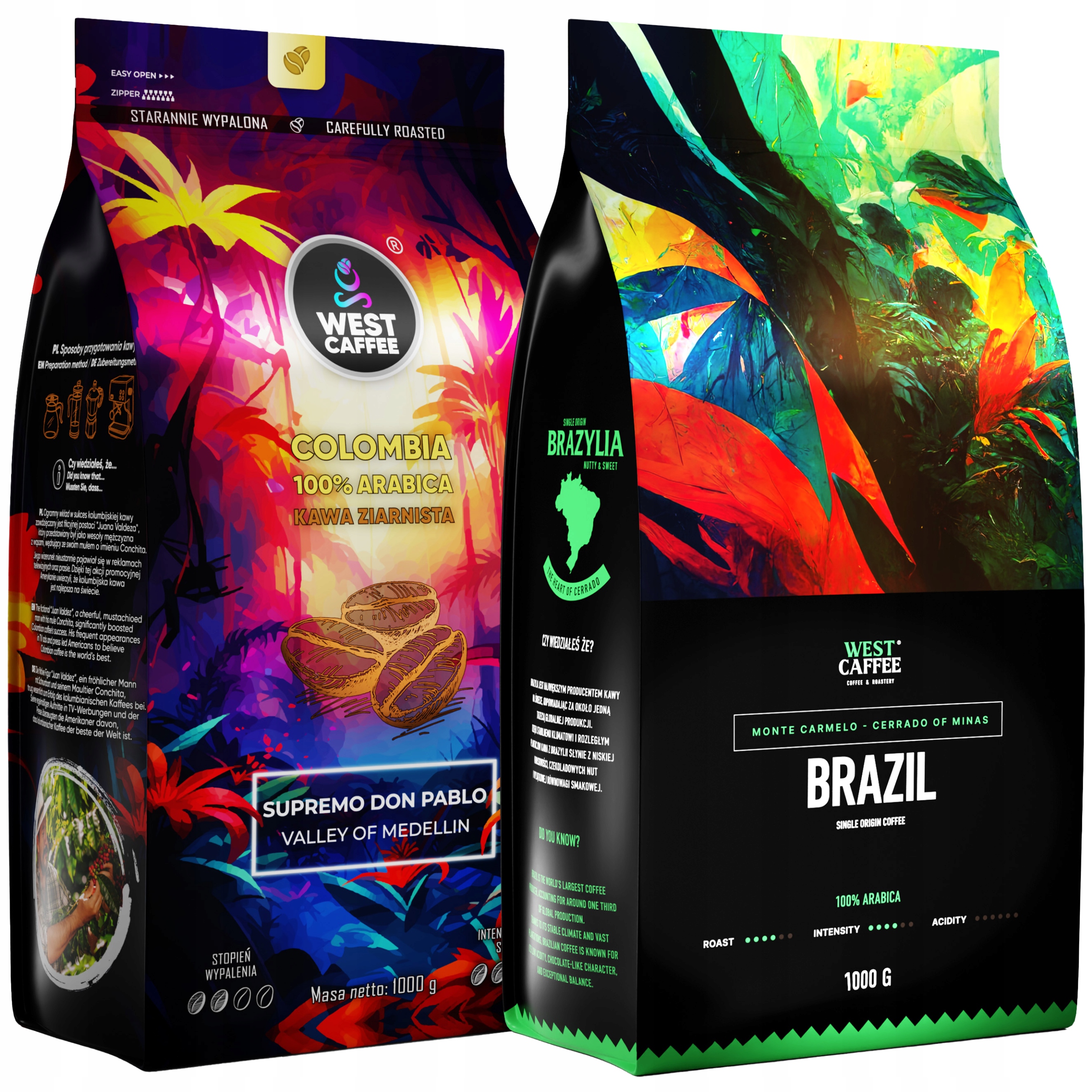Levně Káva Zrnková 2KG Set Brazílie Kolumbie 100% Arabica Čerstvě pražená