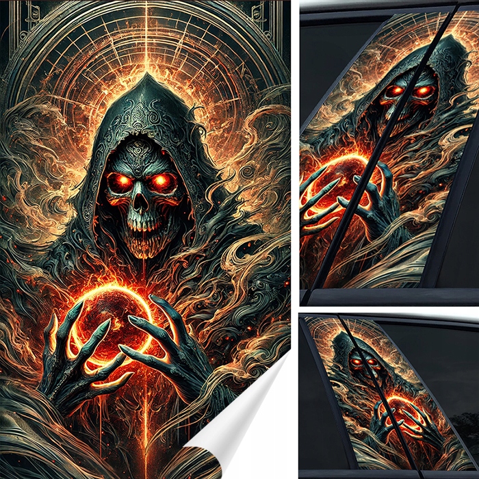 2x Nálepka na sloupky dveří auta Lebka V Plamenech Kula 50x30