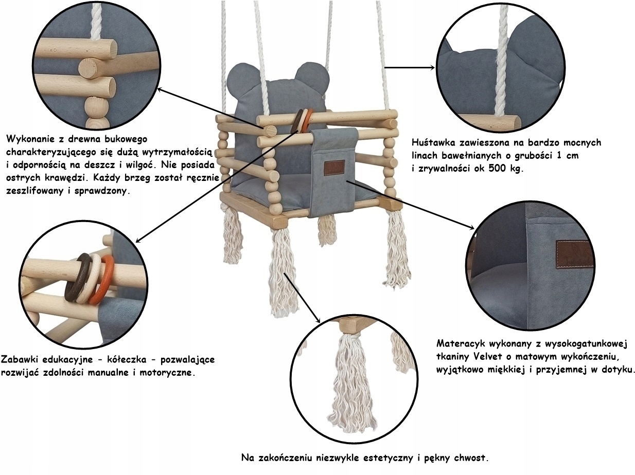 HUŚTAWKA DLA DZIECI Do Domu Drewniana MIŚ 170cm BRUDNY RÓŻ Prezent Wiek dziecka 9 m +