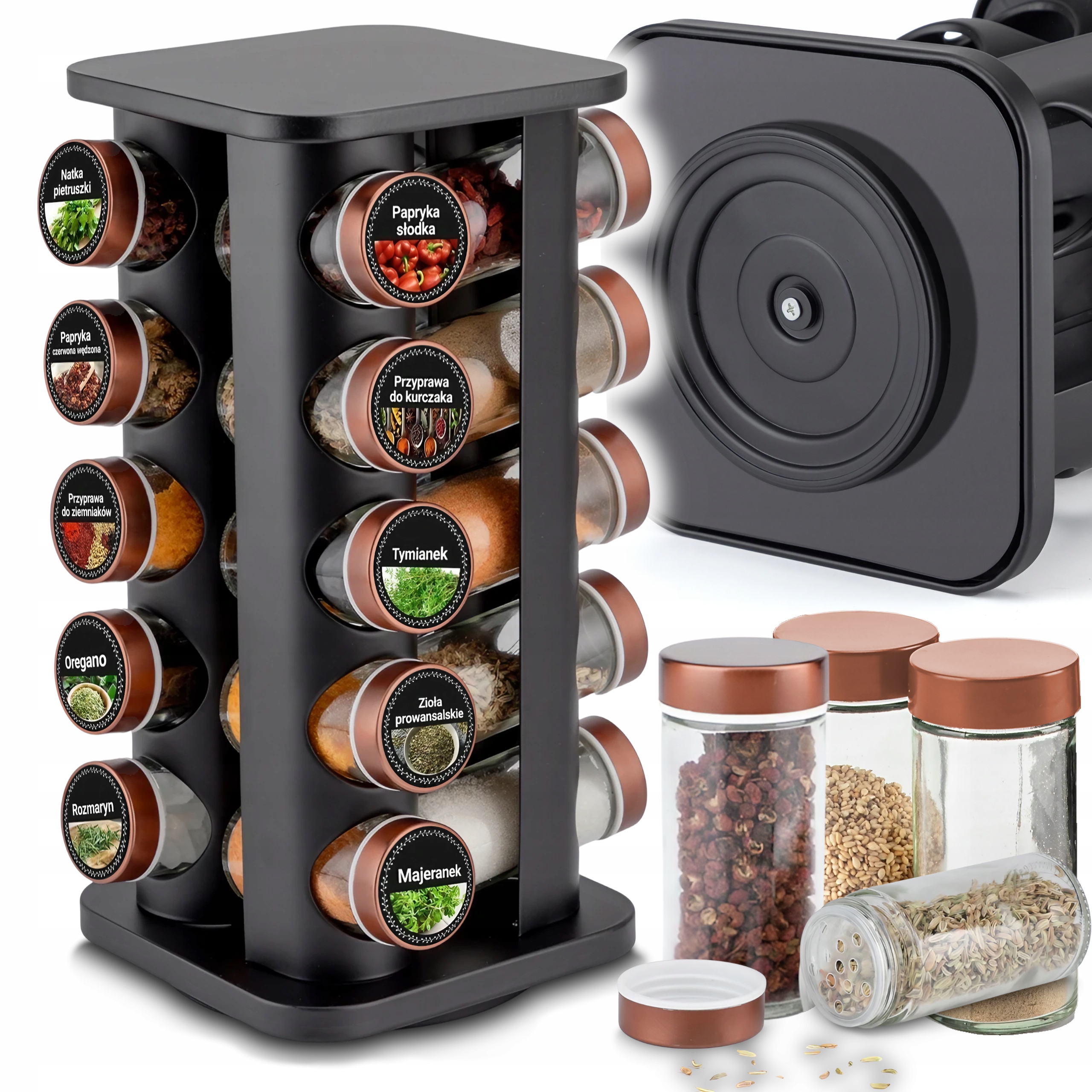 PRZYPRAWNIK OBROTOWY STOJAK + 20 SŁOICZKÓW POJEMNIKI NA PRZYPRAWY +NAKLEJKI