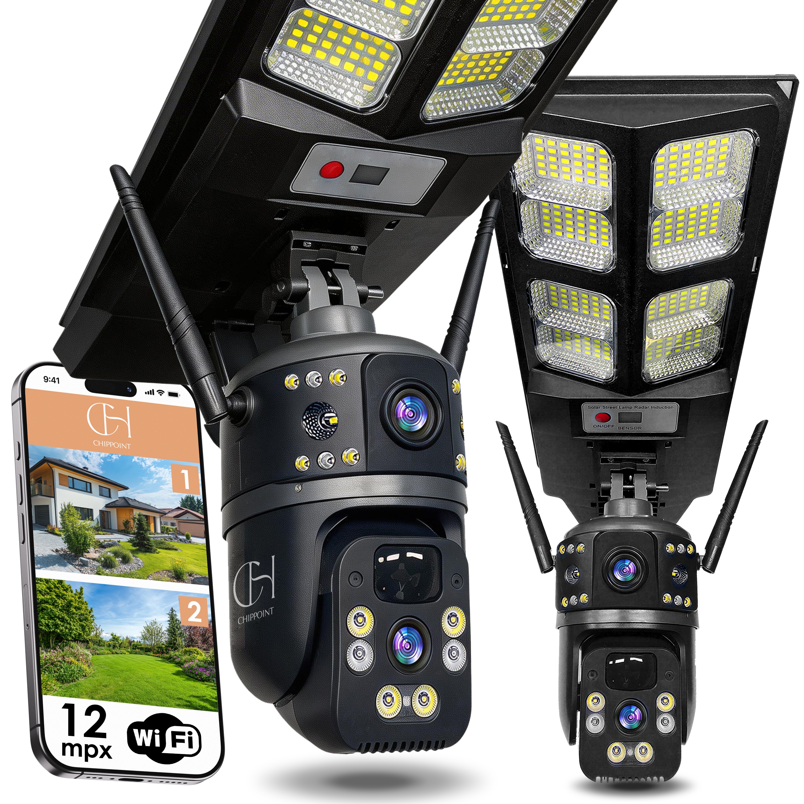 Solární Kamera 12MPx Wifi Otočná 2 Objektivy Bezdrátová IP66 Lampa