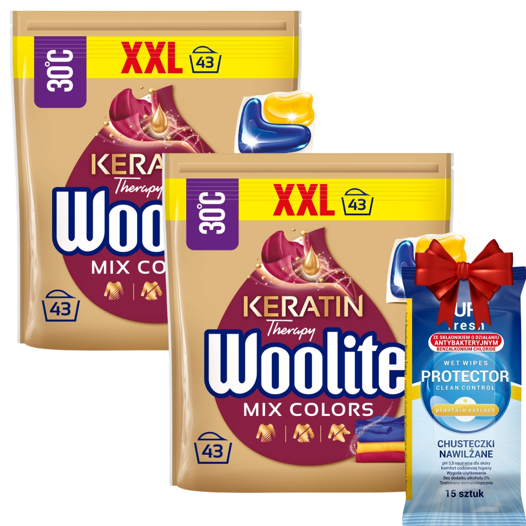 Woolite keratinové Kapsle na praní barevných vlasů 43 ks x 2 Dárek