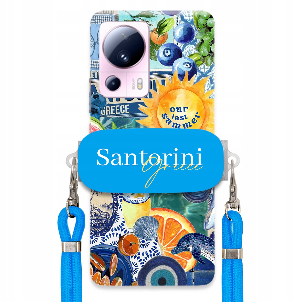 Puzdro pre Xiaomi 13 Lite Modré Crossbody vodítko držiak Santorini Greece