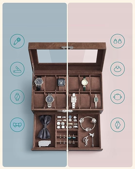 ETUI NA ZEGARKI BIŻUTERIĘ 12 PRZEGRÓDEK SZUFLADA ORGANIZER SZKLANA POKRYWA Kolor brązowy