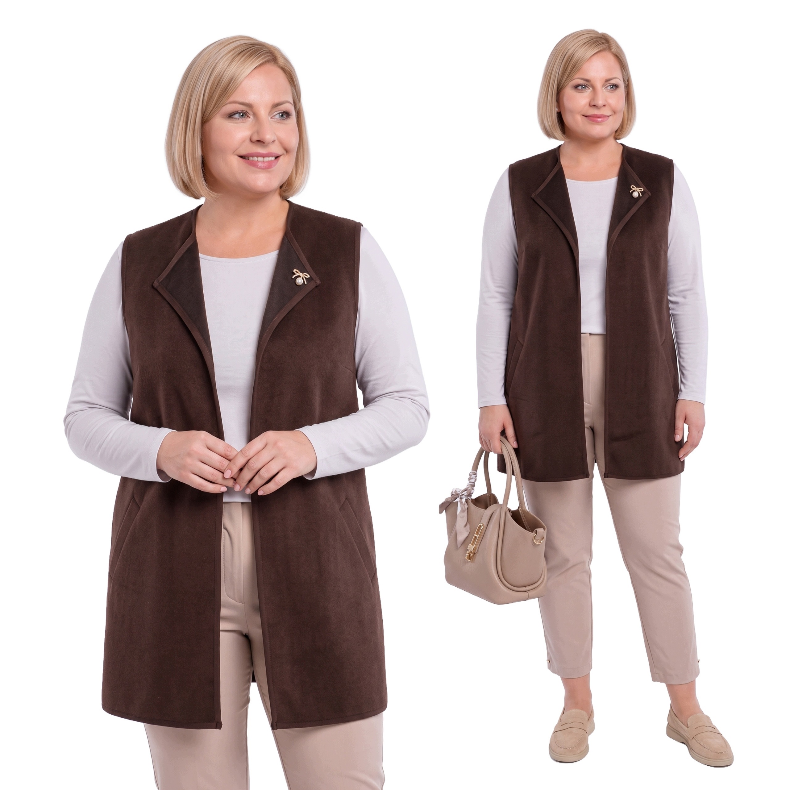 Hnědá vesta s broží plus size velikost 54