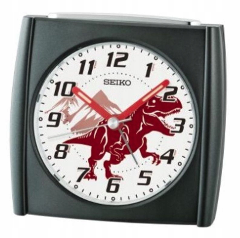 Černý Čtvercový Budík Seiko Dinosaurus QHE212K Alarm Tichý Mechanismus 9 cm