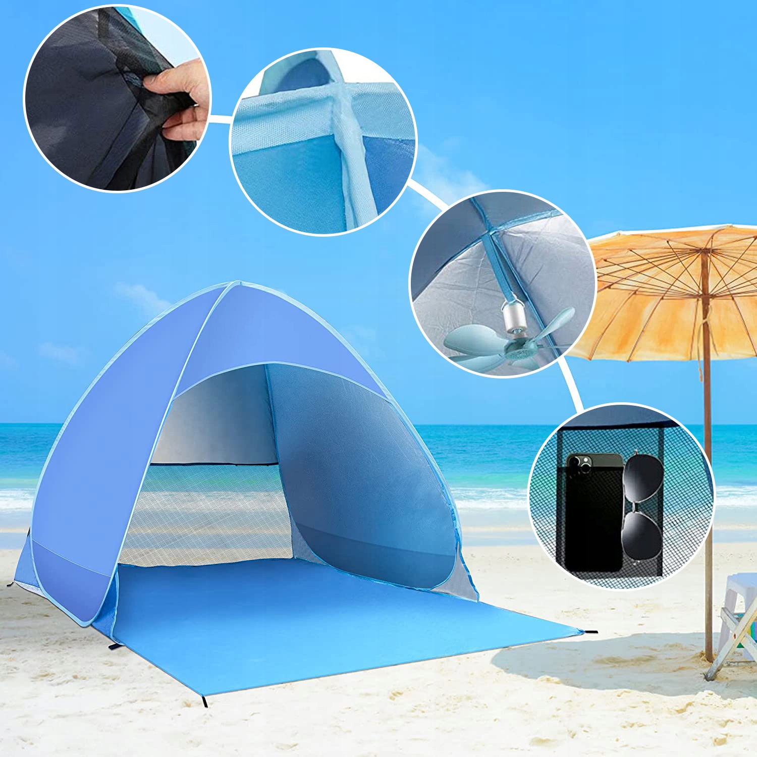 NAMIOT PLAŻOWY PARAWAN SAMOROZKŁADAJĄCY 2-3 OSOBOWY 165×150cm FILTR UV 50 Liczba osób 2