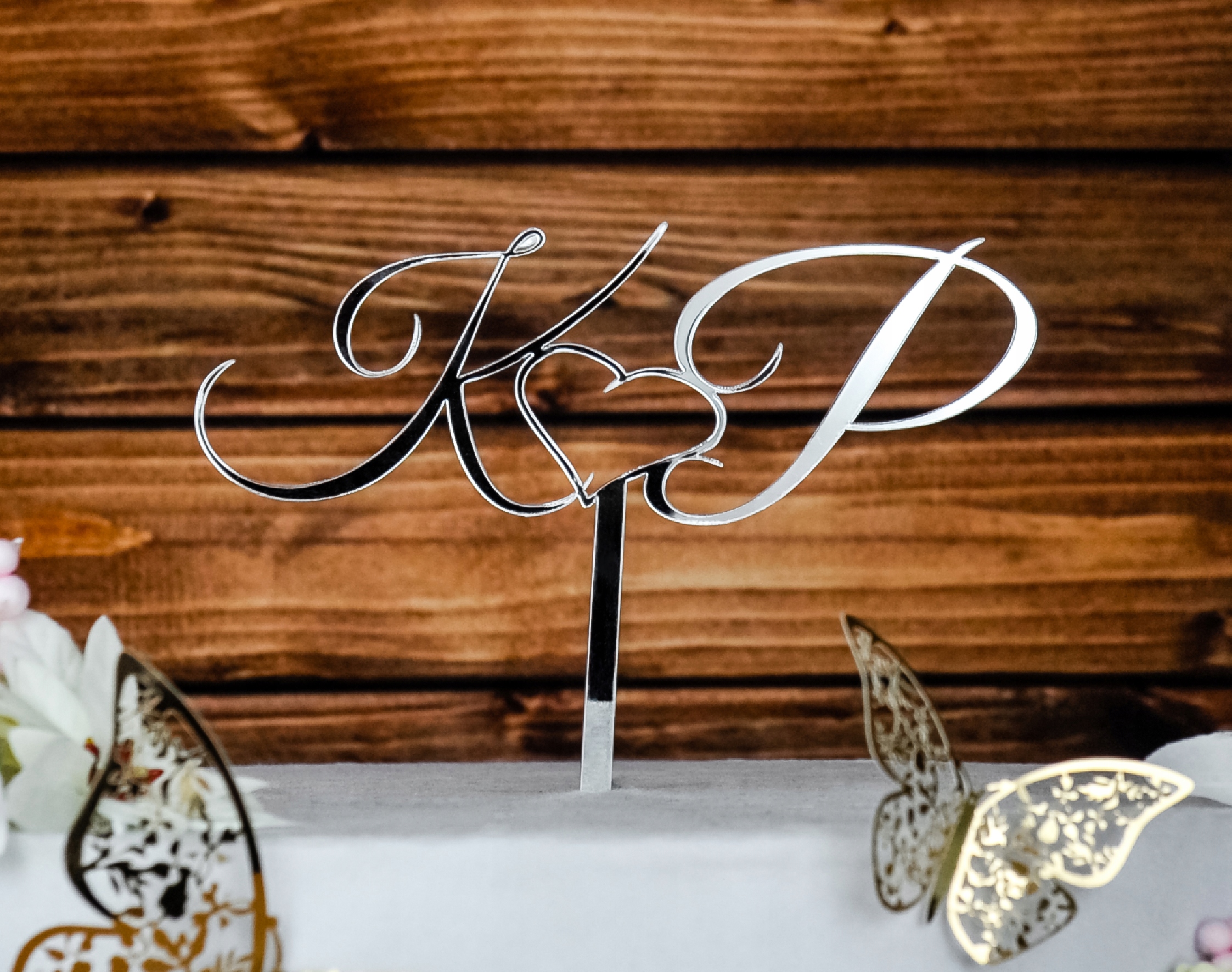 Topper na tort srebrny Inicjały Ślub Wesele TŚS-2 Marka Dekor Laser