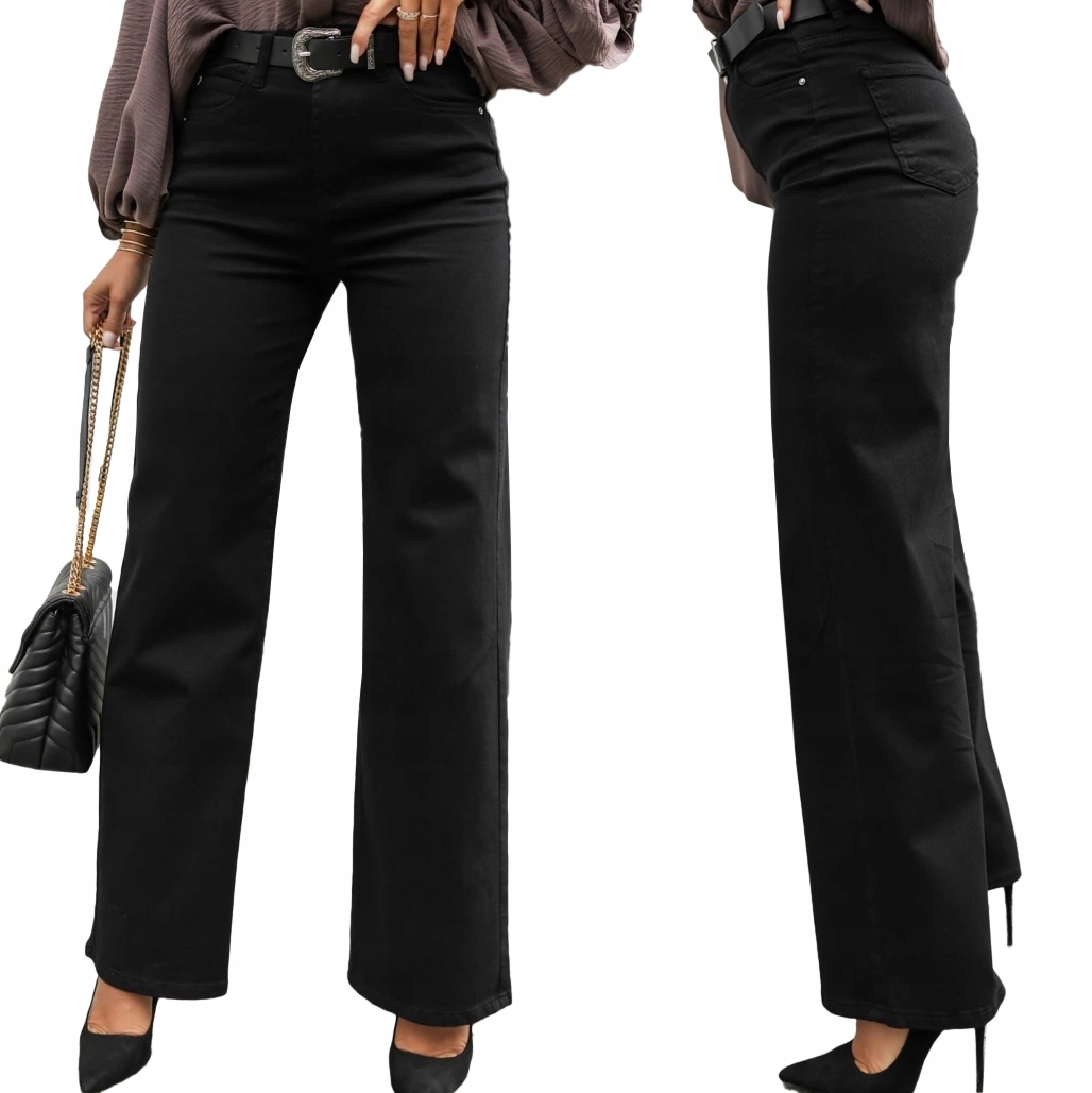 Wide Leg Spodnie jeans damskie wysoki stan Czarne Prosta Nogawka 48/4XL
