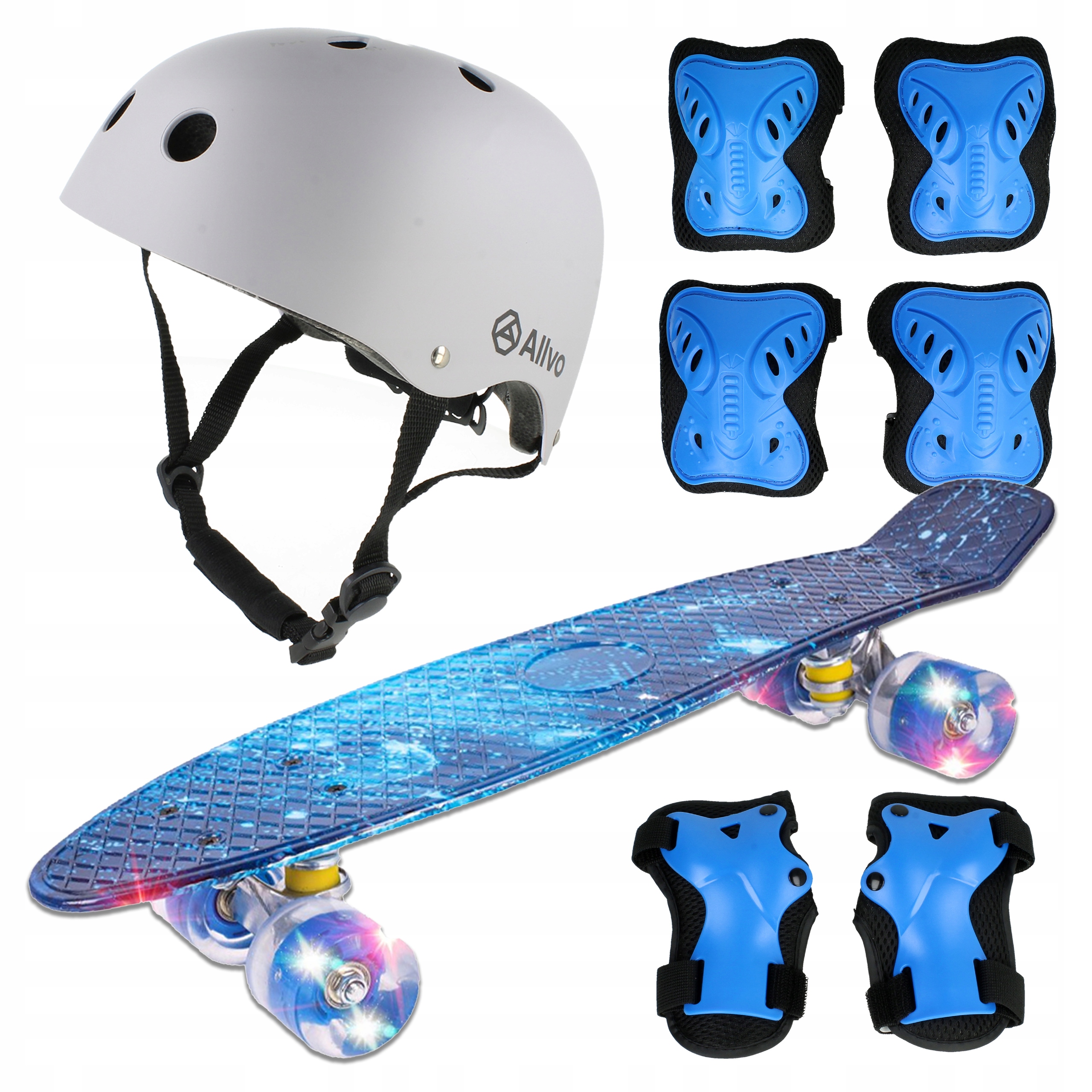 Deskorolka Fiszka Koła Led Dla Dziecka Zestaw 3W1 Kask 54-88CM Ochraniacze