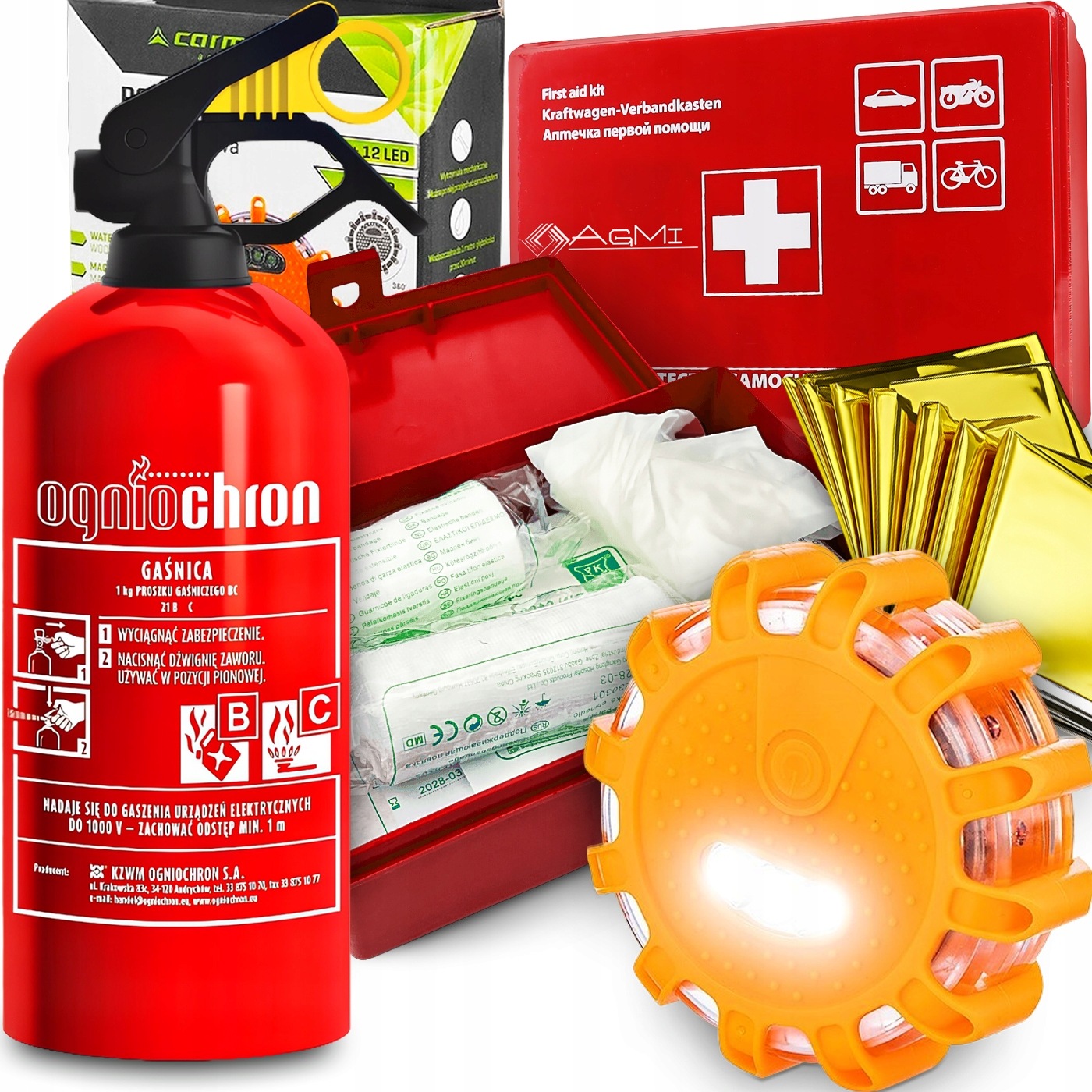 Hasicí Přístroj 1 Kg Lékárnička Záchranná Deka Výstražná Flara Stroboskop Kohout