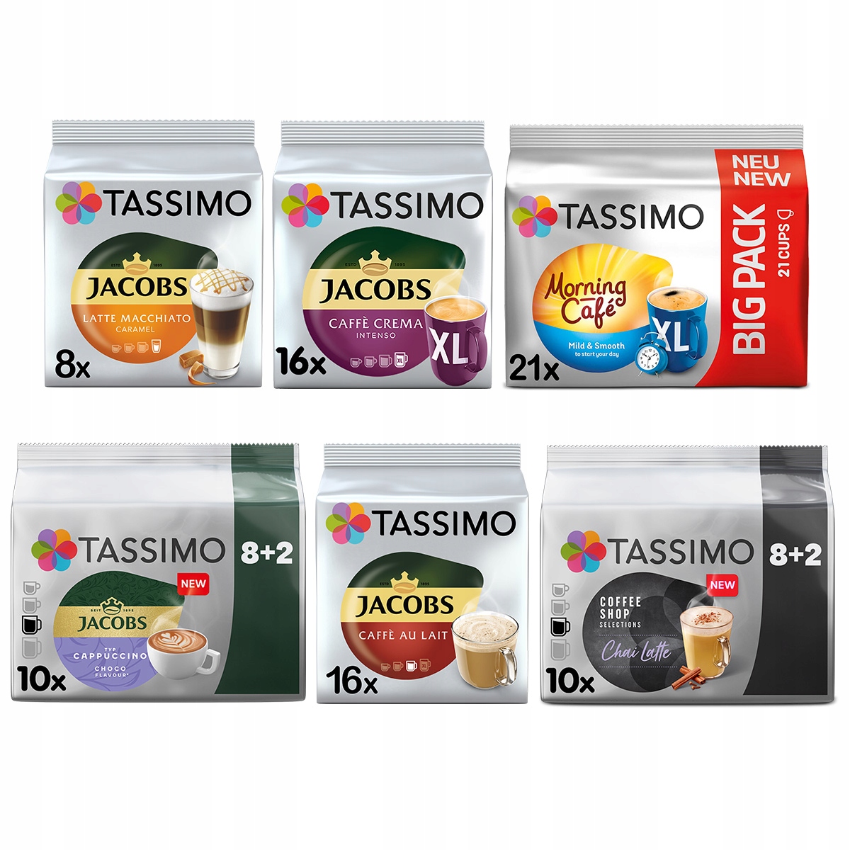 Kapsułki Tassimo Caffe Crema, Latte, Cappucino, mix smaków, 5+1 Gratis!