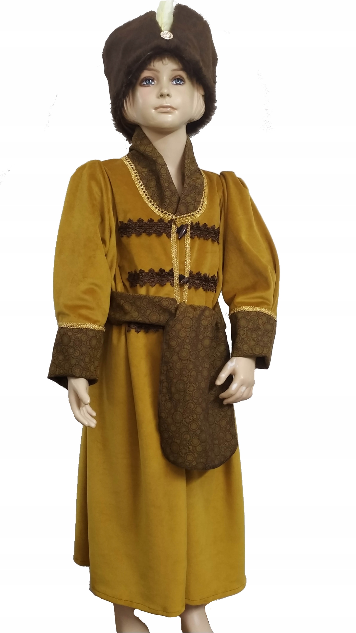 kostým Šlechtic magnát kožešina župan 164 měděná oranžová pírko, pruhy