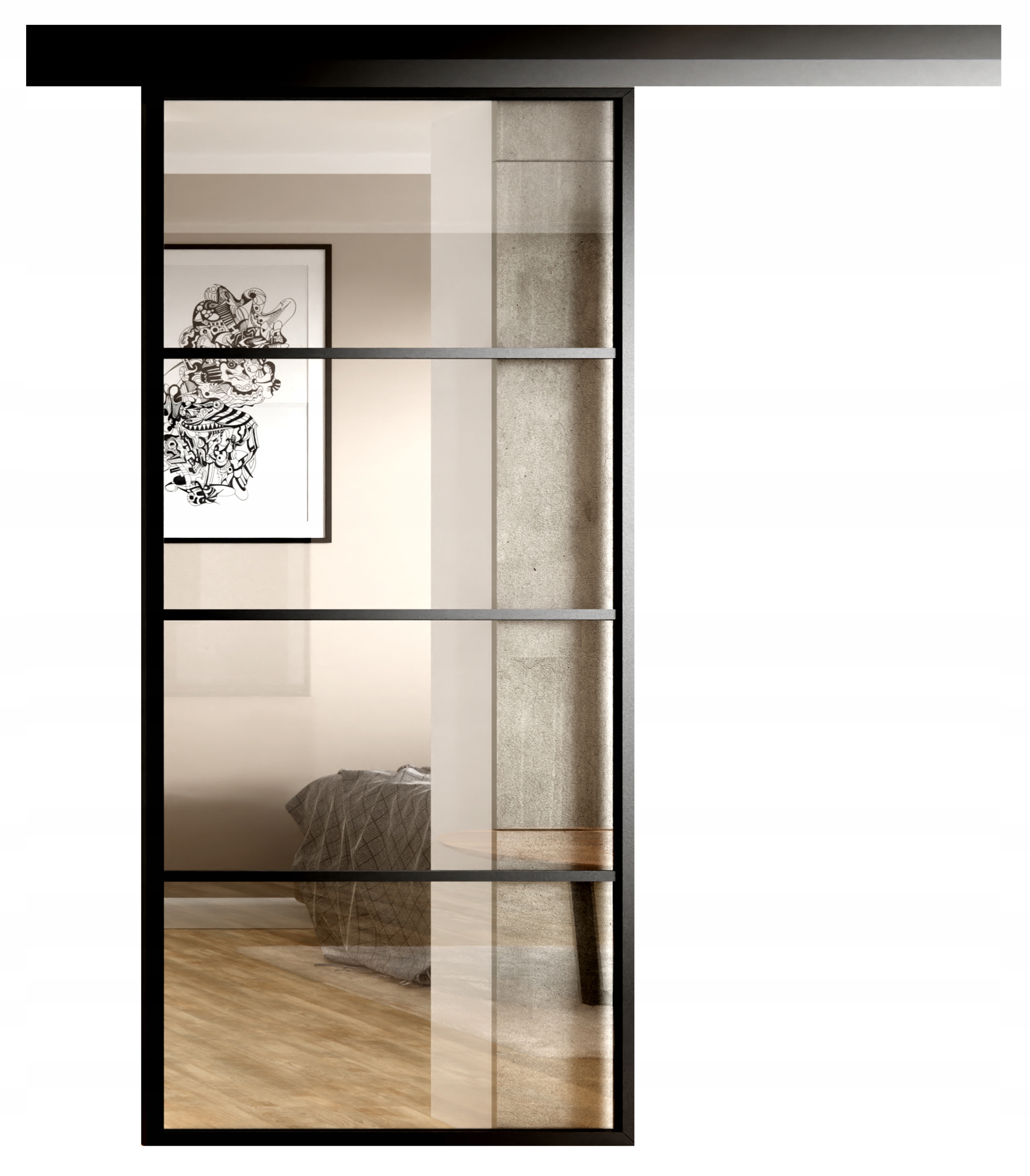 Drzwi Przesuwne Czarna Rama System 65 Szyba 4 Pola