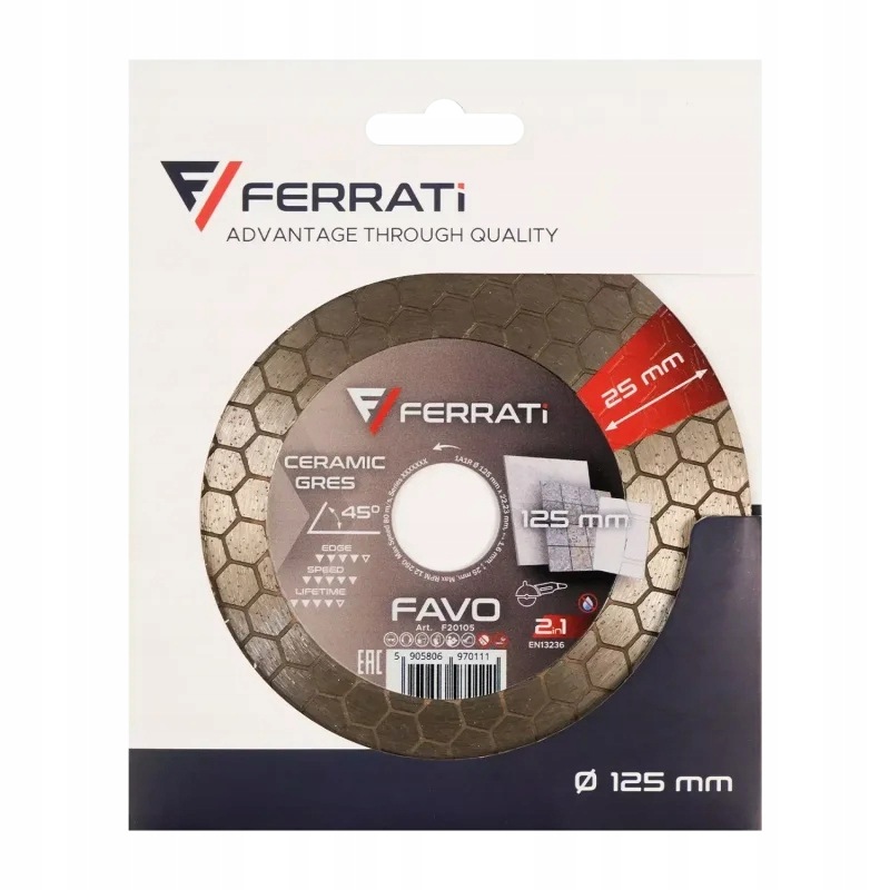 Tarcza diamentowa do cięcia gresu ceramiki pod kątem 45° Ferrati Favo 125mm