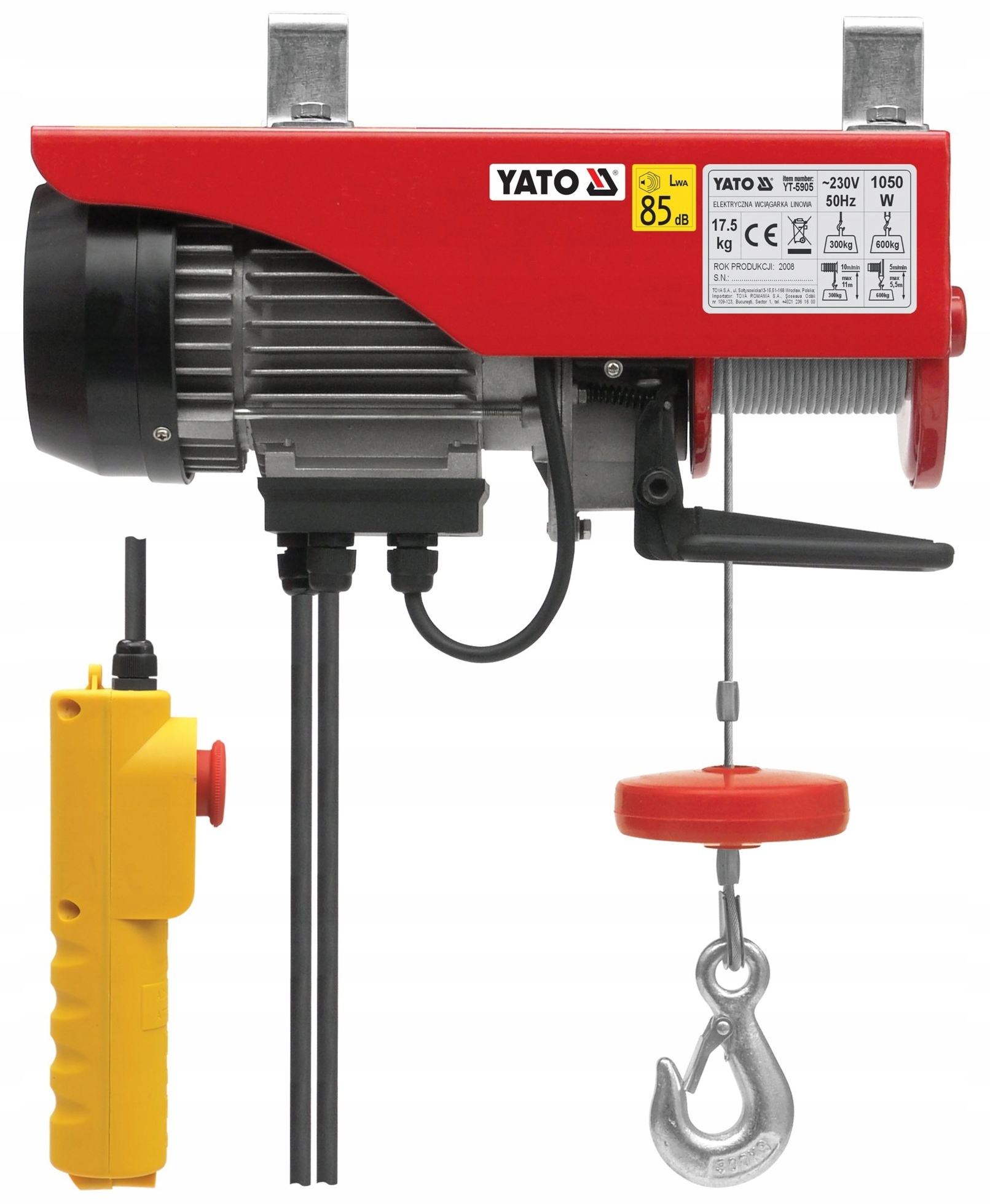 Wciągarka elektryczna linowa wciągnik 1050W 300/600kg 11m Yato YT-5905