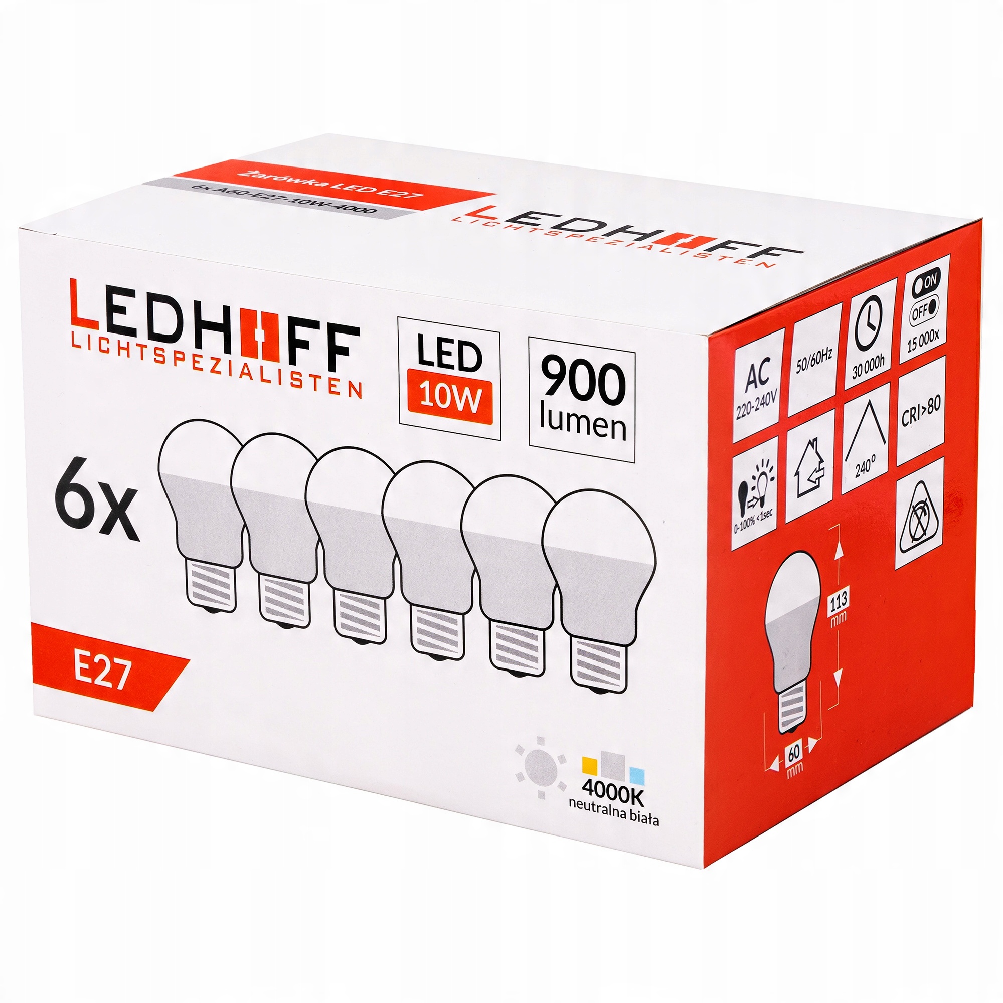 

6x Żarówka Led E27 Naturalna 10W 75W 900lm 4000K