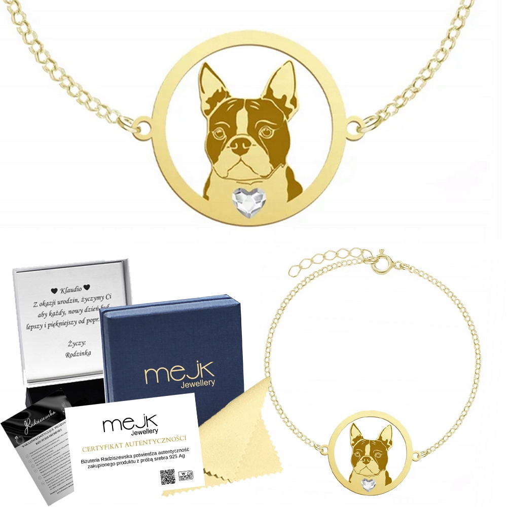 Zlatý náramek Boston Terrier 925 Dárek Šperky Gravírování Bonus