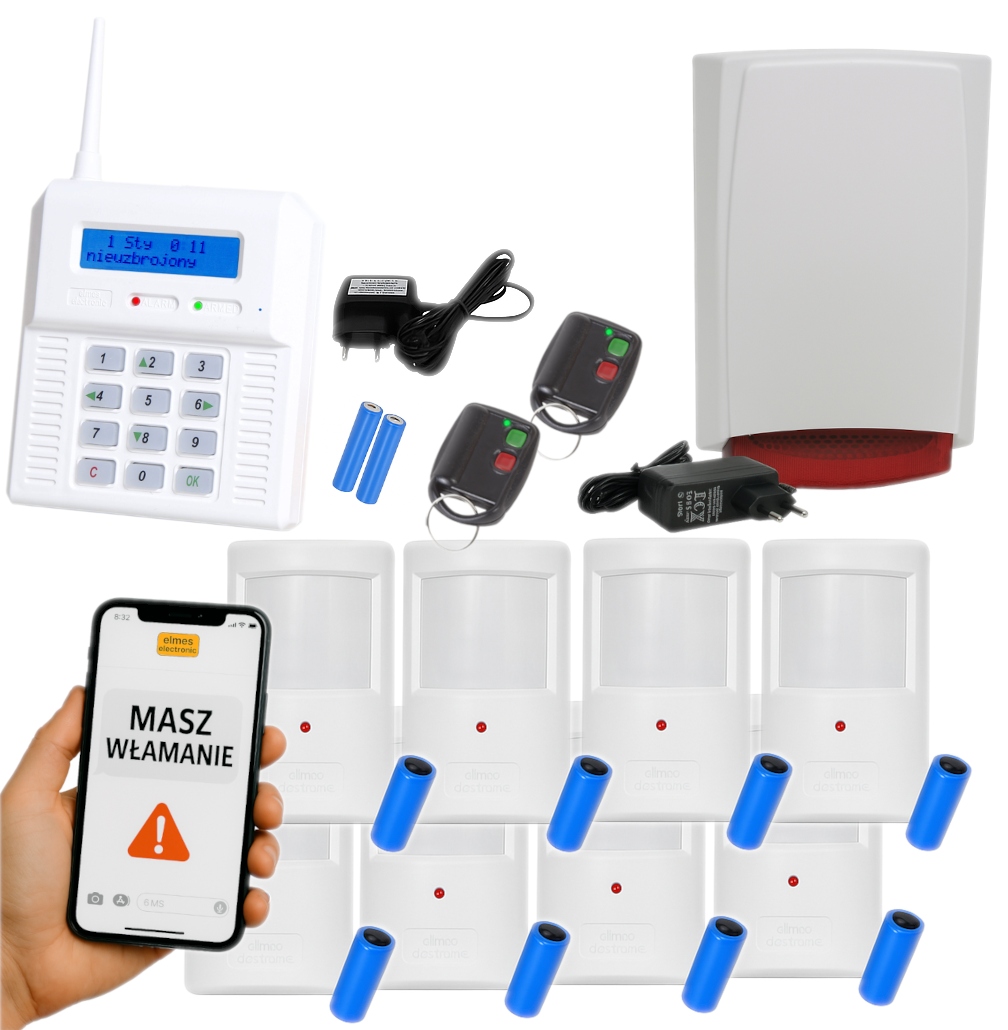 System Alarmowy Bezprzewodowy Elmes 8 Czujek Ruchu Gsm Sms Clip 2 Piloty