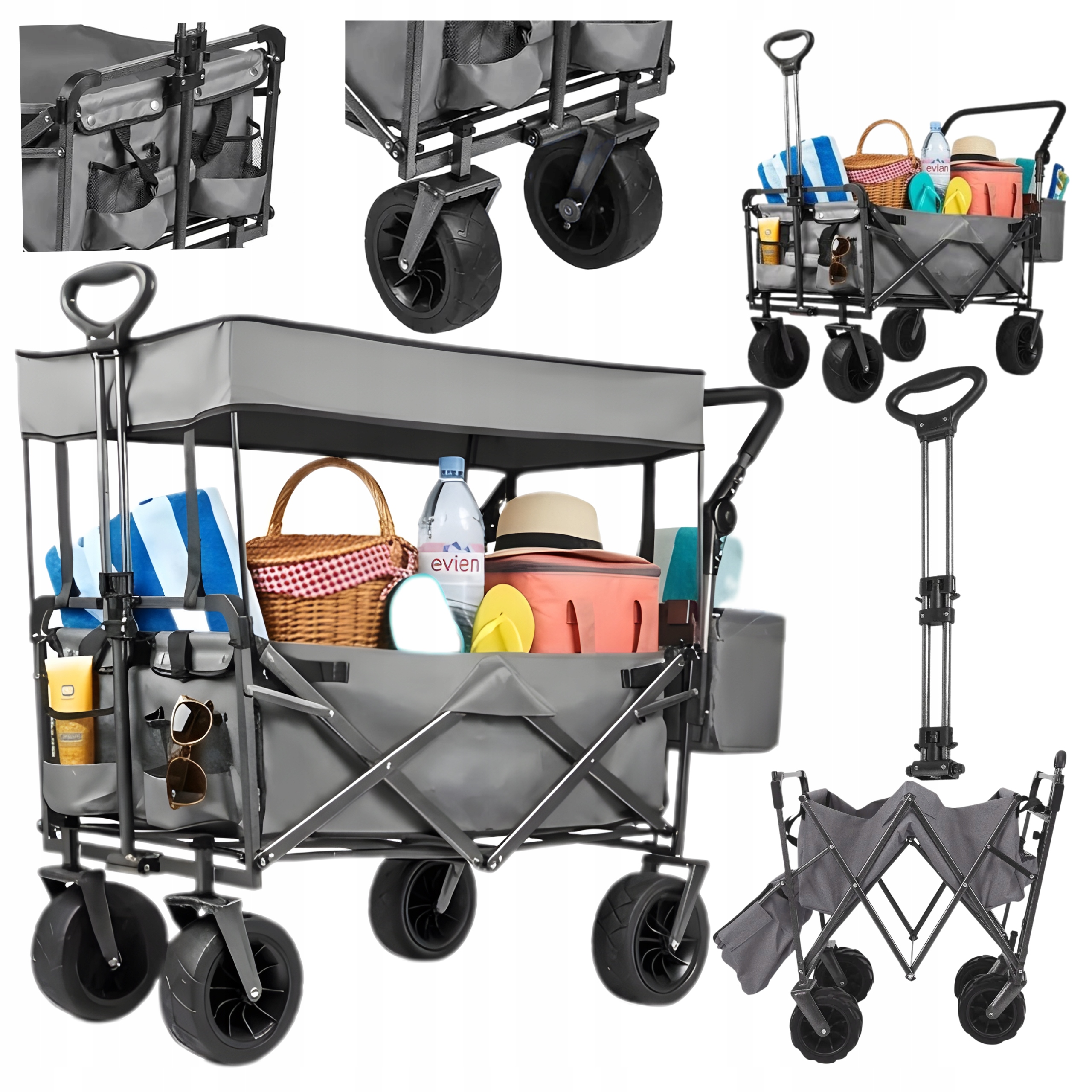 Skládací zahradní vozík na pláž Přepravní kolečko se střechou 100 kg Kola