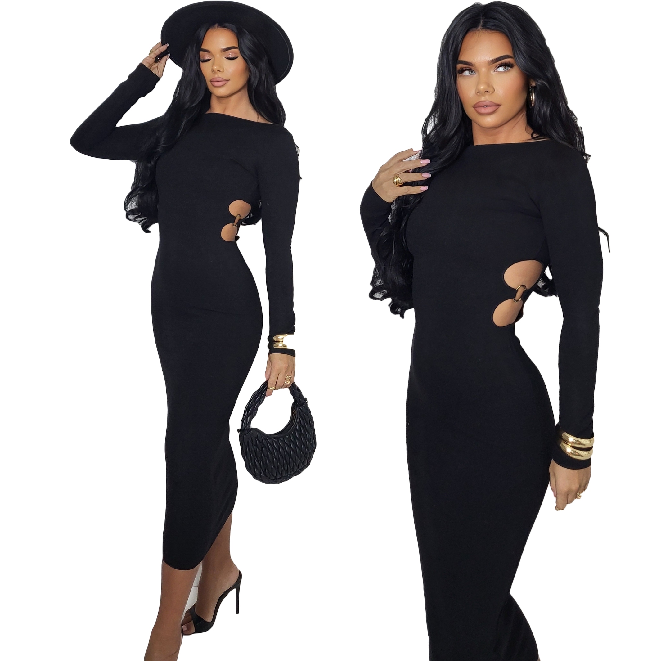 Šaty midi Černá s výstřihem na bocích Přiléhavý dlouhý rukáv M