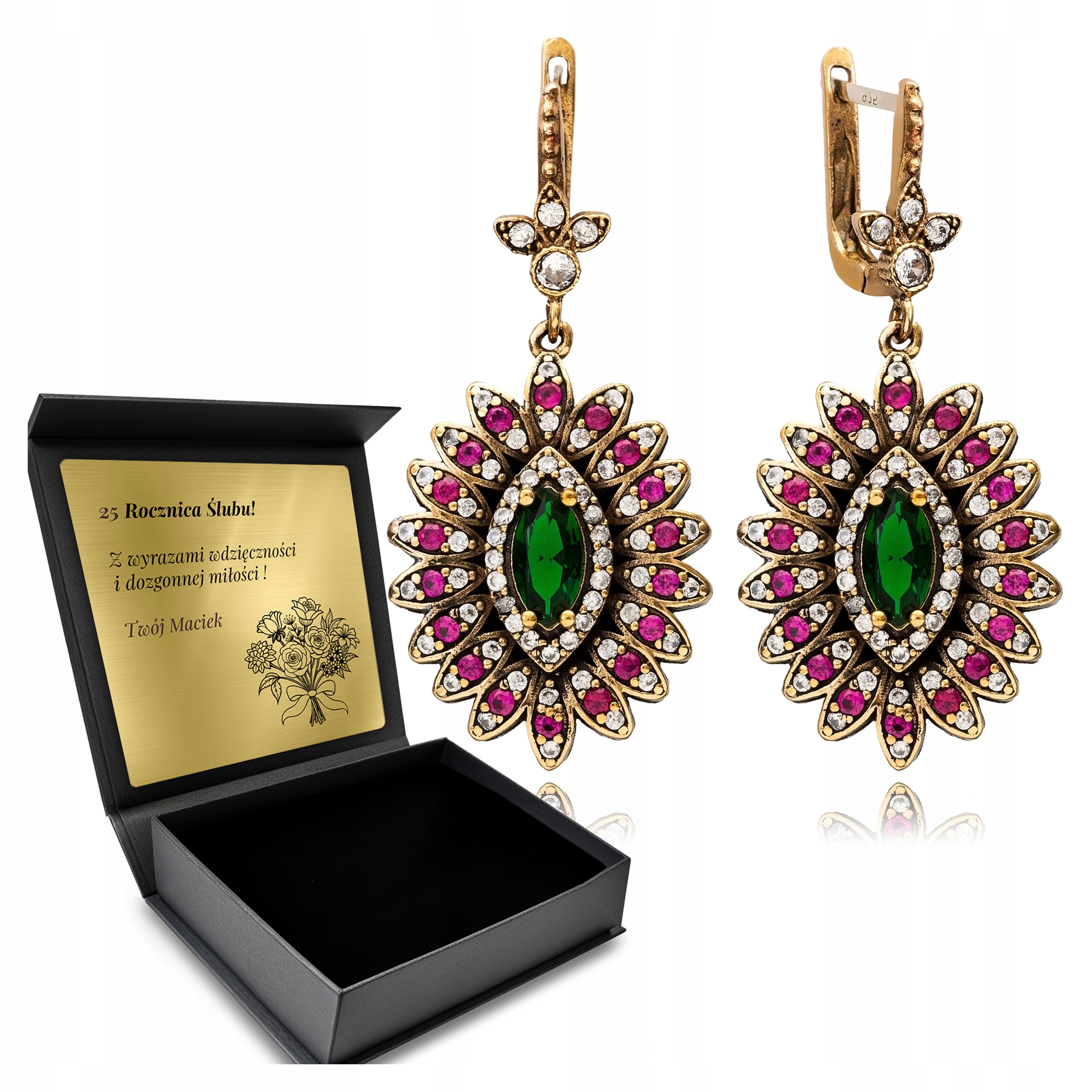 Stříbrné Náušnice 925 Zirkony Smaragd Dárek pro ženu Gravírování Bonus