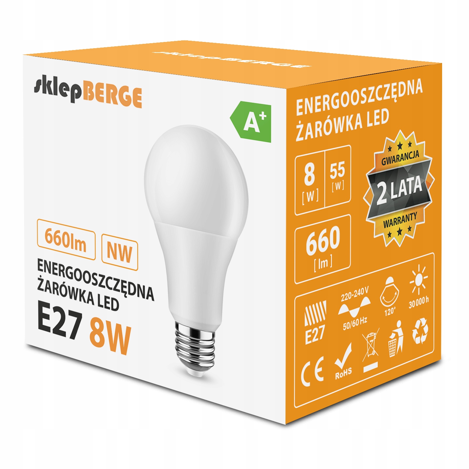 

Żarówka Led E27 A60 8W=55W 660lm Berge
