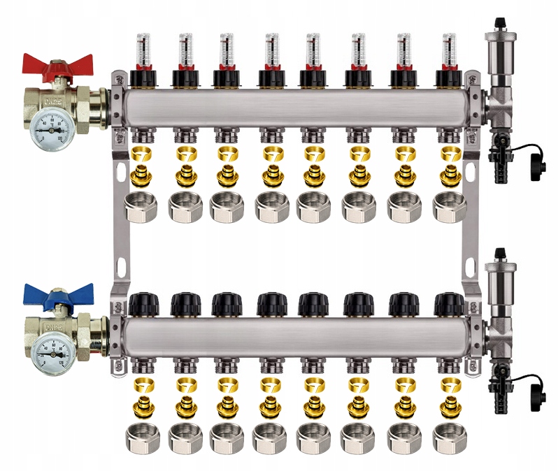 Rozdělovač Pro Podlahovku, 8 Nerezových Okruhů Ventily Pex Spojky