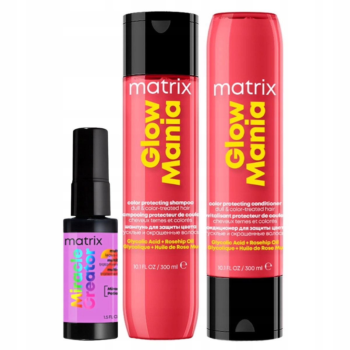 Matrix Glow Mania wygładzający włosy zestaw szampon odżywka spray 45ml
