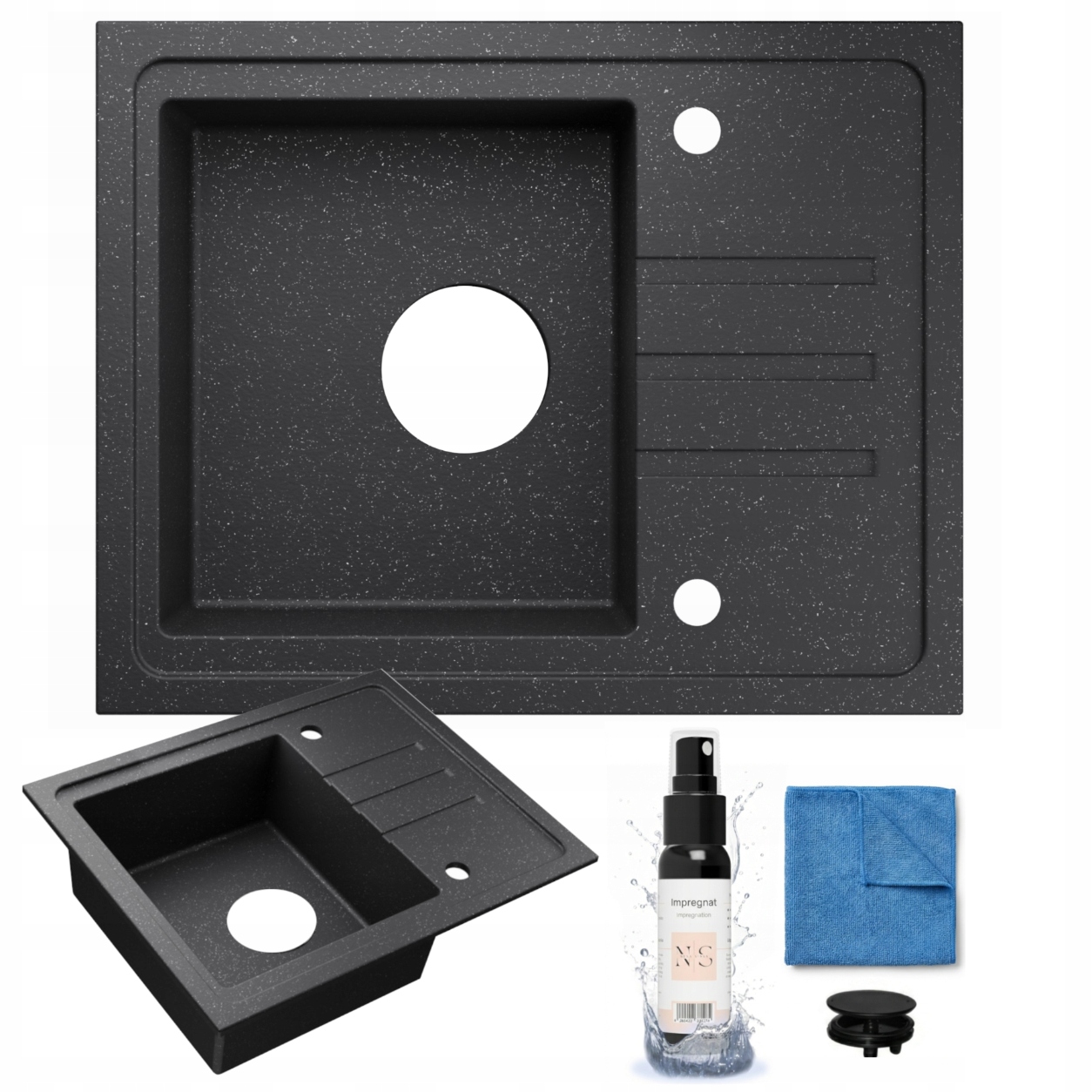 Granitový Jednokomorový Dřez Černý Univerzální 55x44 cm Impregnace