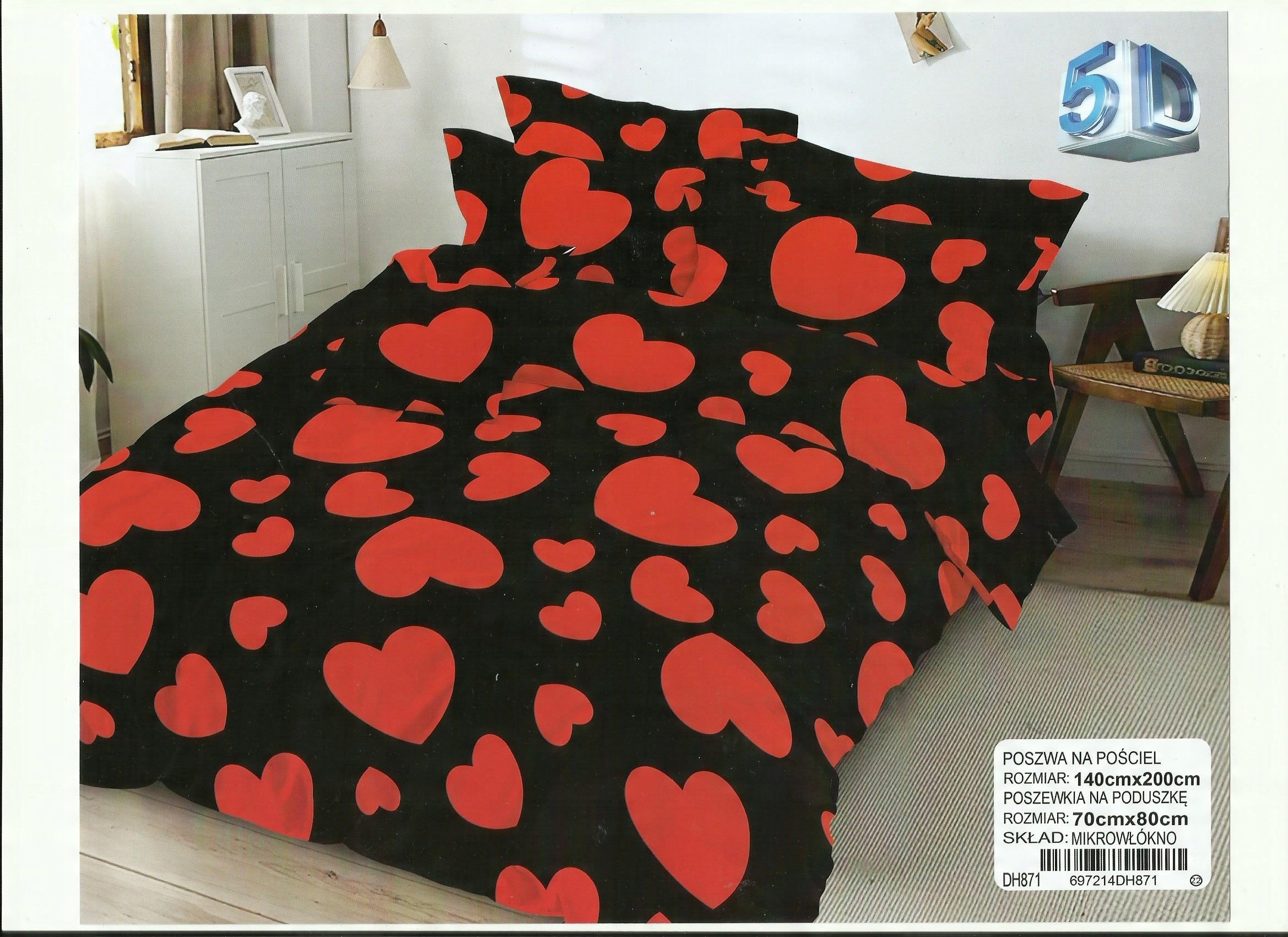 

Czarny Komplet Pościeli 160x200 Czerwone Serduszka