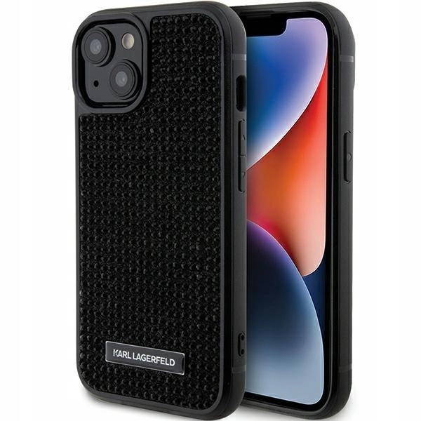 Pouzdro Karl Lagerfeld Rhinestone Logo Metal Plate pro iPhone 15 černé