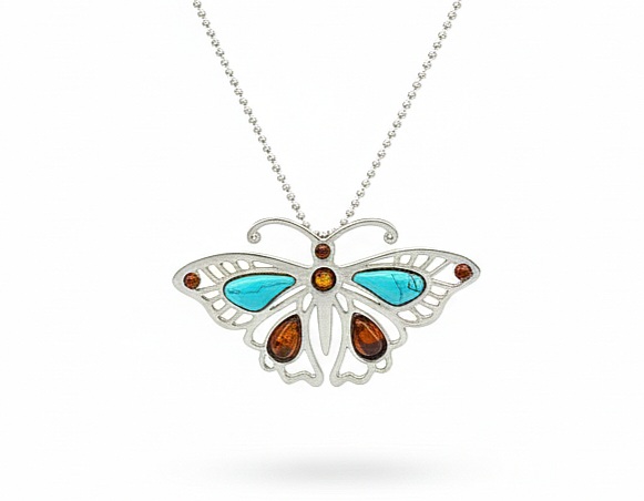 Stříbrný Motýlkový Přívěsek S Jantarem A Tyrkysem