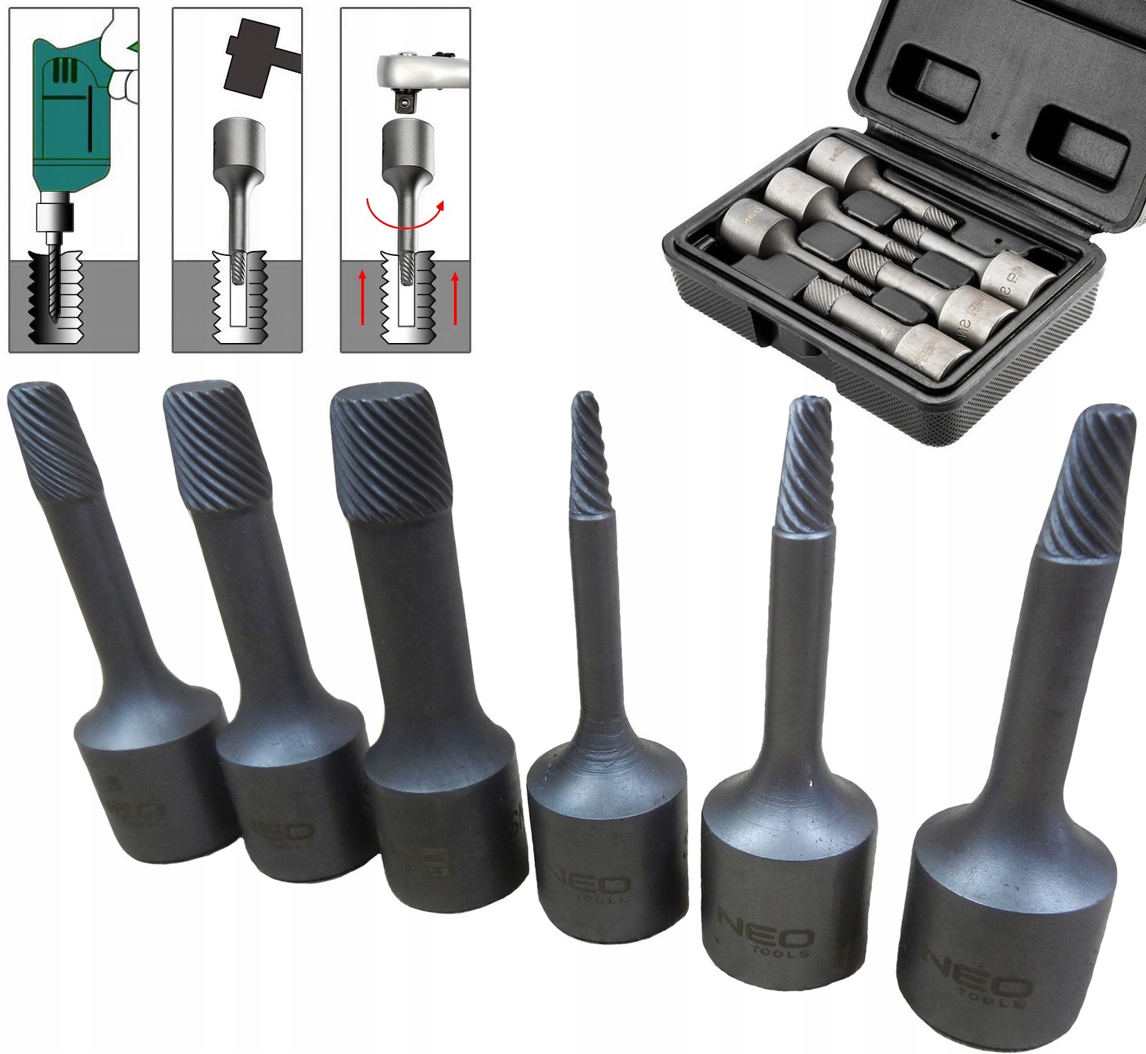 

Wykrętaki do śrub 6szt 3/8` Solidne Stal CrMo Neo