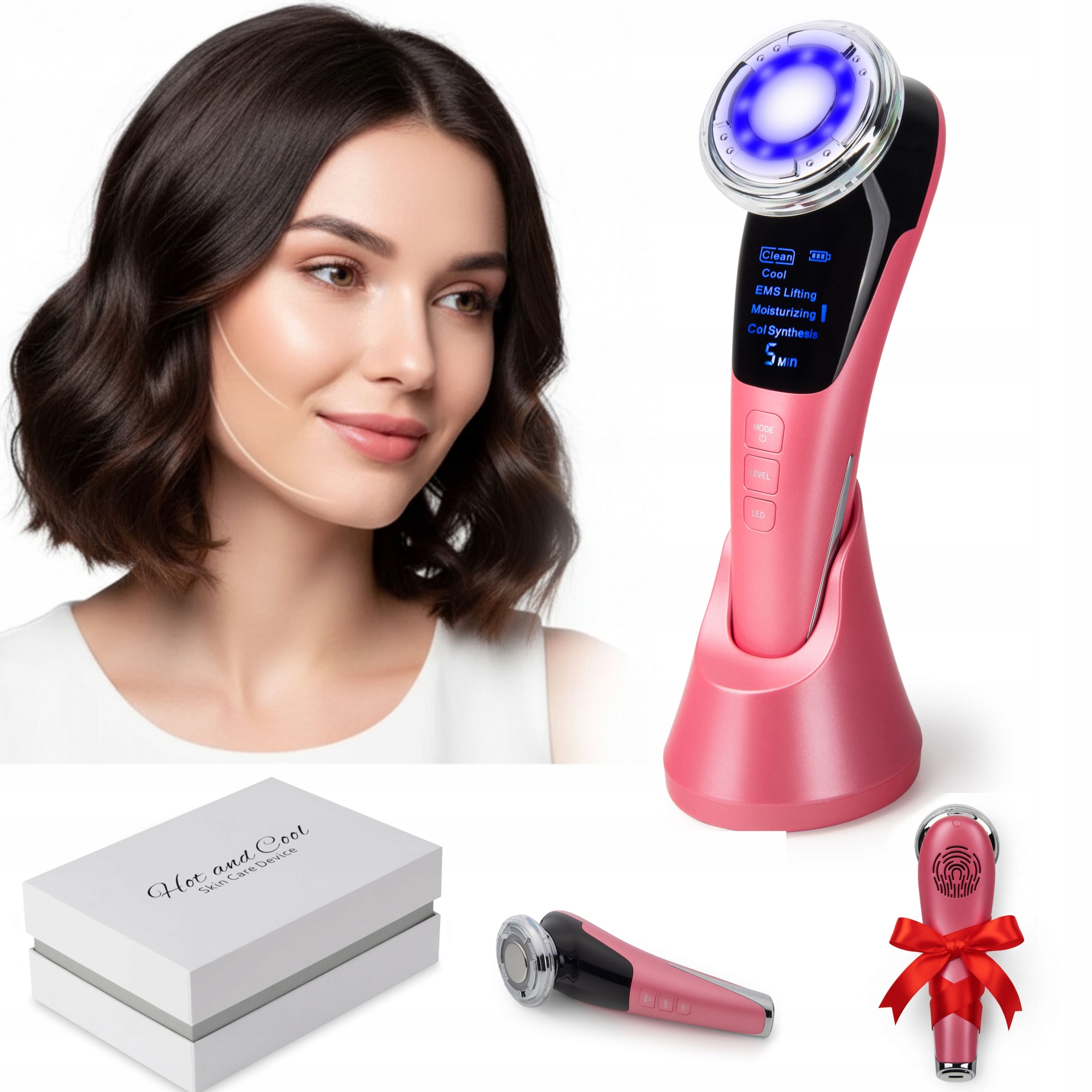 Masážní Přístroj Na Obličej Ems Ultrazvukový Lifting Mezoterapie Zpevňuje Pink Coil