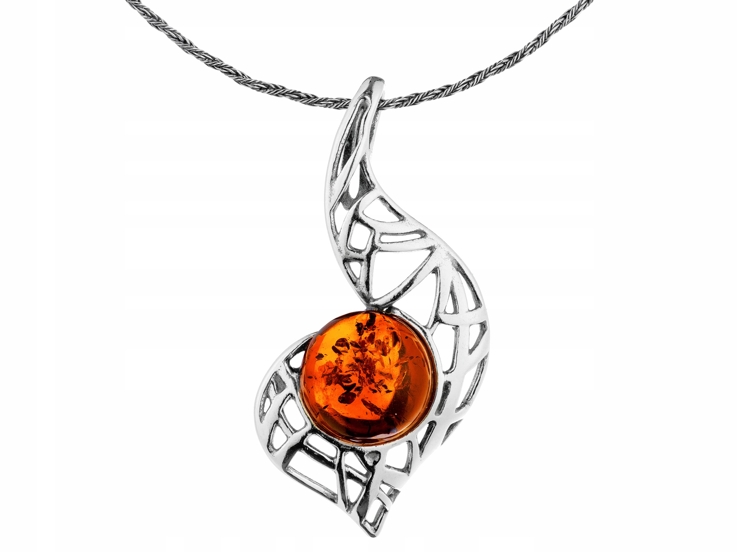 Velký stříbrný dámský oxidovaný náhrdelník s jantarem, dlouhý 70 cm