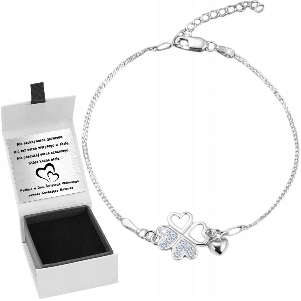 Srebrna Bransoletka Damska, Bransoletka Celebrytka Koniczynka Srebro Grawer