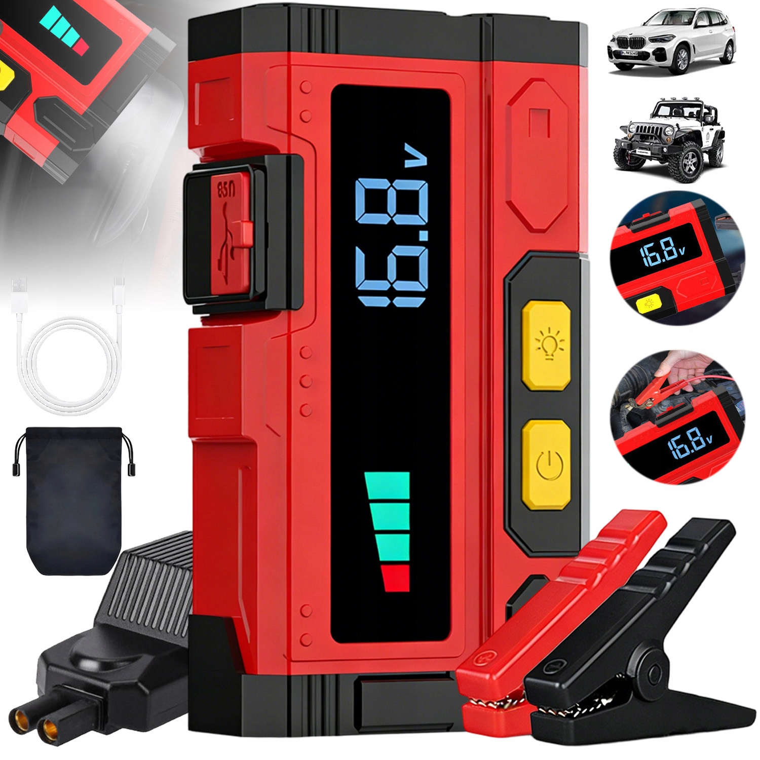 Silný Startér Startování Booster Powerbanka Sada 10000 Mah S Led Svítilnou