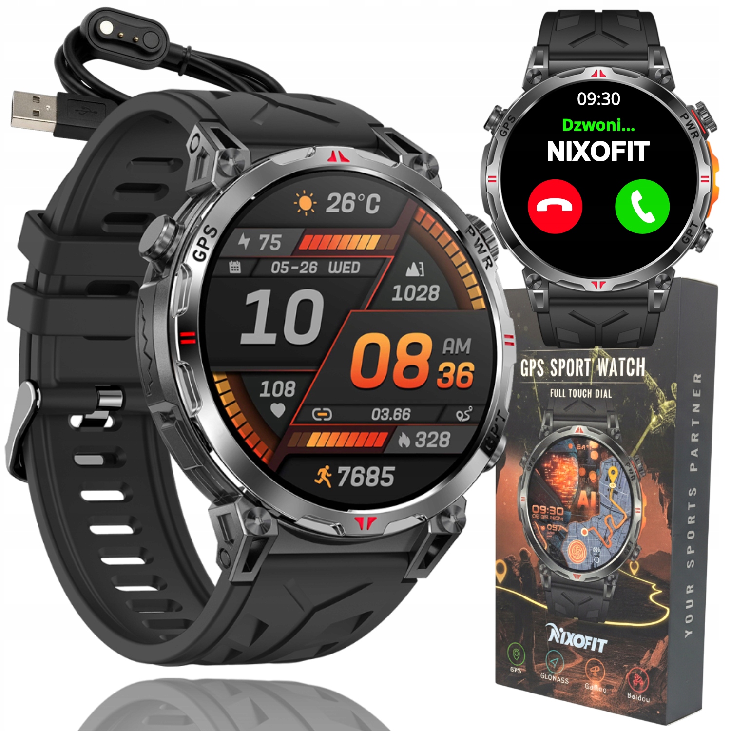 Smartwatch Męski Gps Amoled Zegarek Sportowy Wodoodporny 3 Atm Polskie Menu