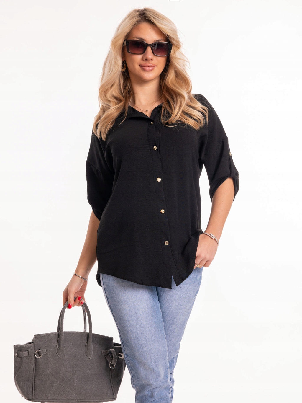Elegancka Klasyczna KOSZULA Prosta Kołnierzyk Guziki Gładka Czarny Dekolt kołnierzyk
