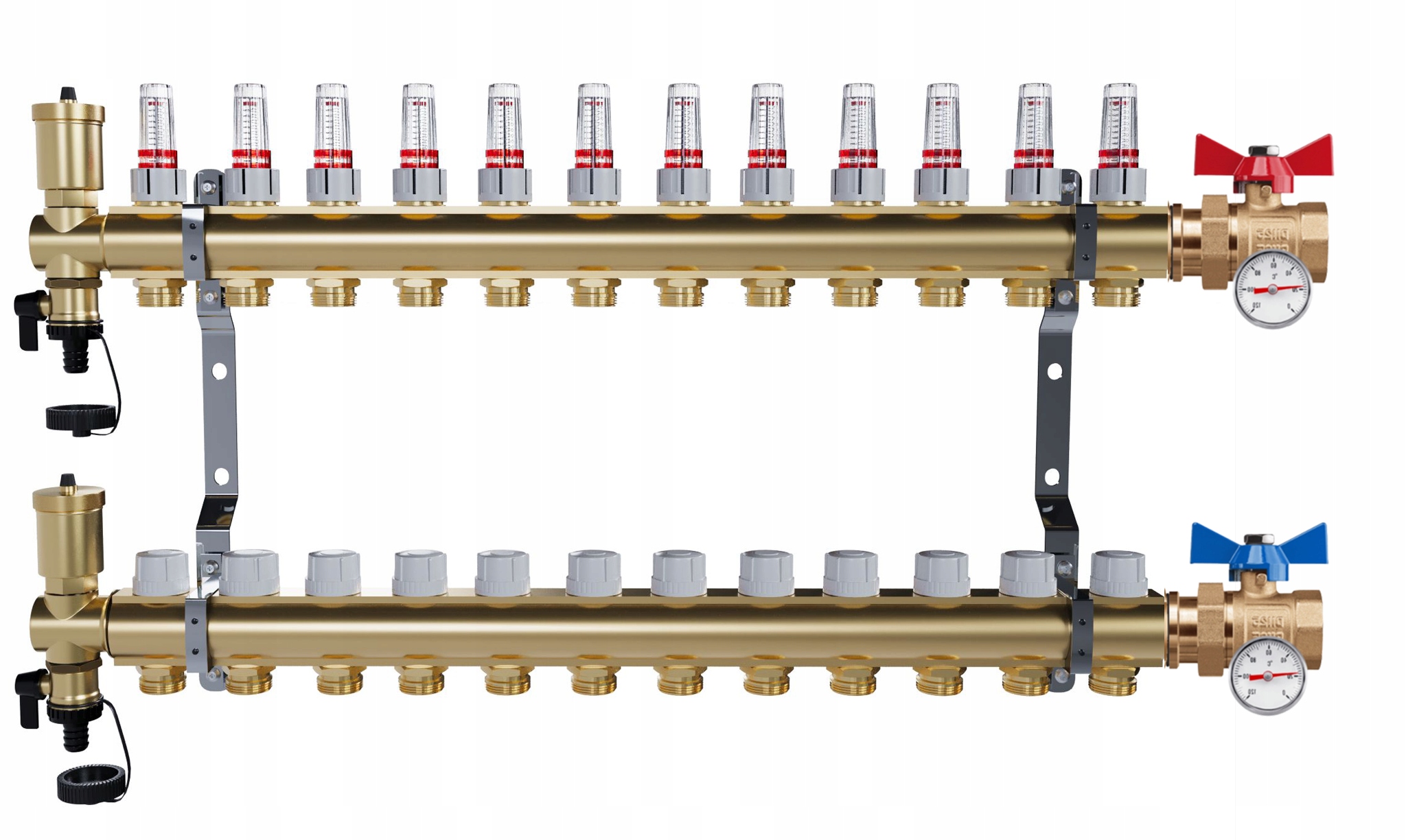 Rozdělovač Pro Podlahovku 12 Okruhů Jednoduchý Kulový Ventil Teploměr