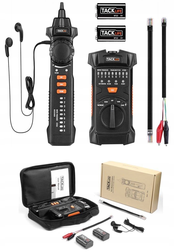 Tacklife CT03 wykrywacz przewodów kabli szukacz par RJ45 RJ11 LAN +LED+ETUI