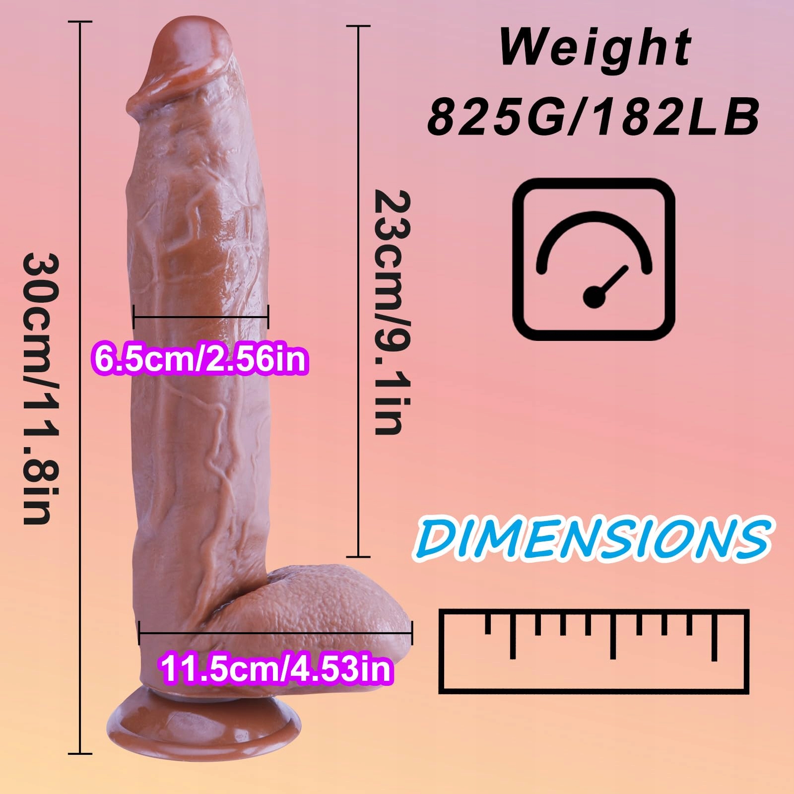 BRAUN Długi Silikonowy Dildo XL z Przyssawką 30cm Duży Sztuczny Penis — miniatura 2
