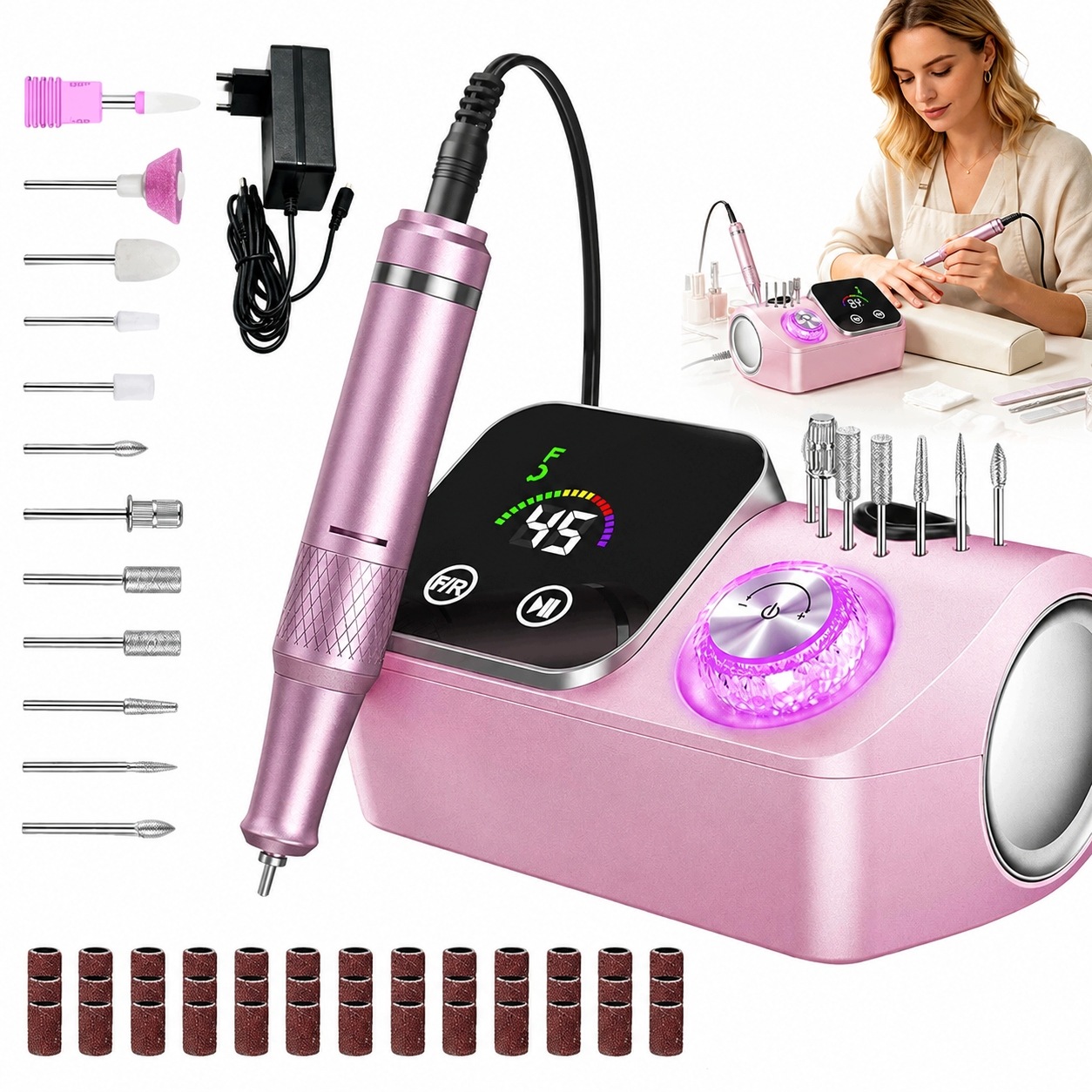 Elektrická Bruska Na Manikúru 45000 Rpm LCD displej 12 Fréz Růžová