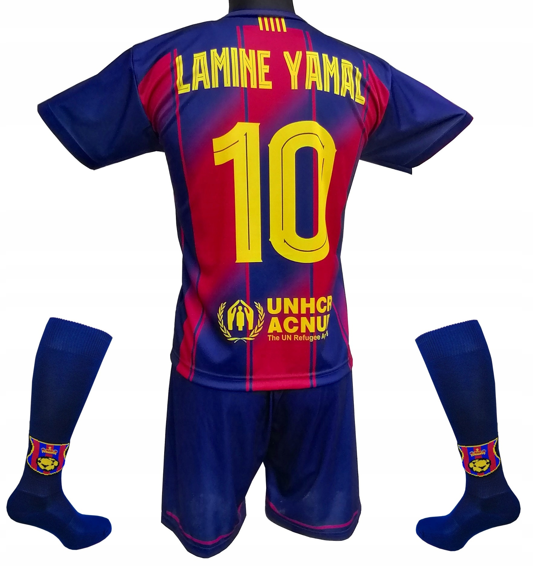 Komplet piłkarski Yamal Barcelona koszulka spodenki getry :: rozmiar L