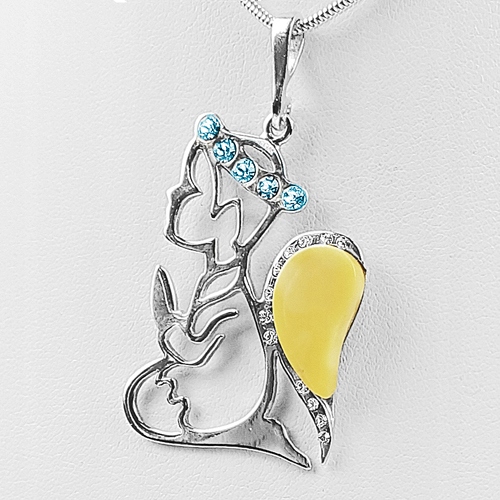 Stříbrný Anděl přívěsek Stříbro 925 s mléčným bílým Jantarem A Zirkony