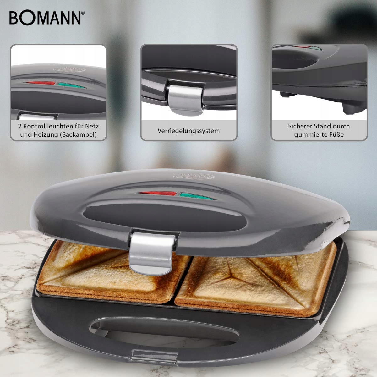 BOMANN ST 5016 CB Opiekacz Do Kanapek 750W Antyprzywierający Szary — miniatura 4